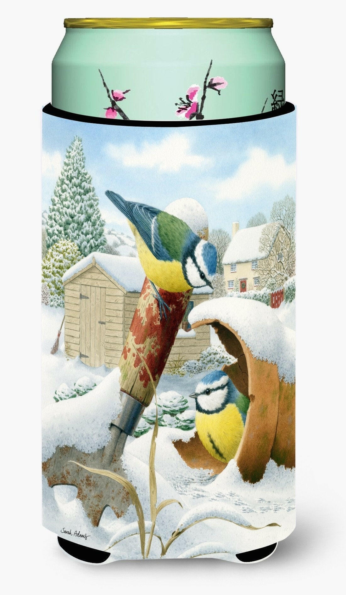 Eurasian Blue Tits Birds in Flower Pot Tall Boy Hugger Can Cooler Sleeve Machine Washable Drink Collapsible Insulator Beverage Insulated Holder
