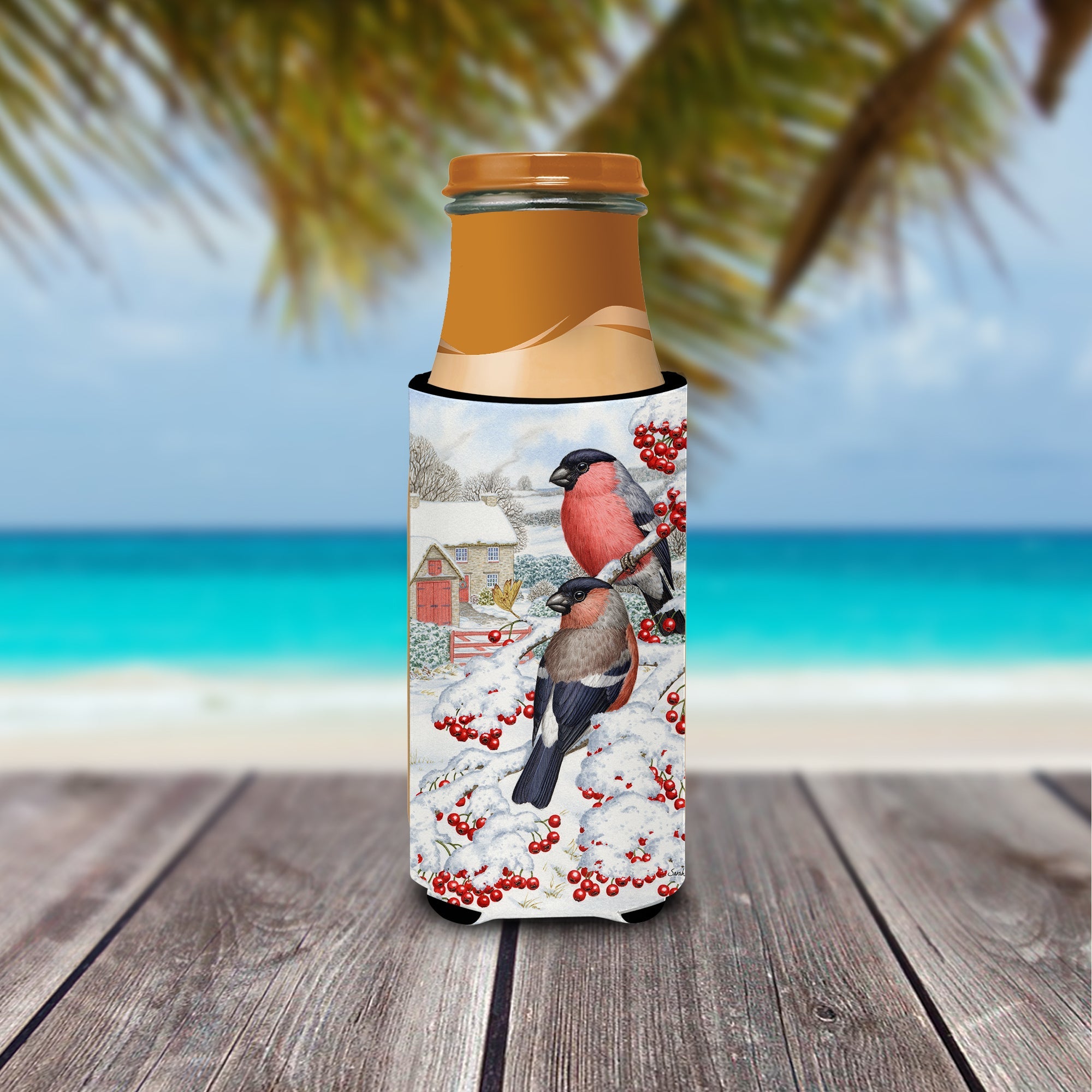 Eurasian Bullfinch Slim Can Hugger , Insulated Foam Hugger for 12 oz Slim Cans, Beer Bottles & Water Bottles, Printed in USA