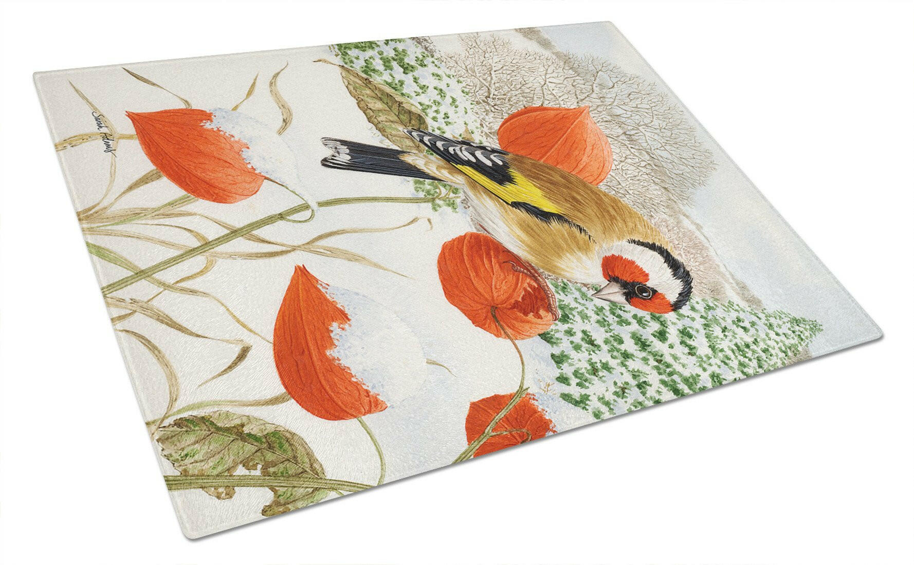 European Goldfinch Cutting Board Tempered Glass Kitchen Cutting Surface, Heat Resistant Chopping, Non-Slip Feet, Food Prep & Serving
