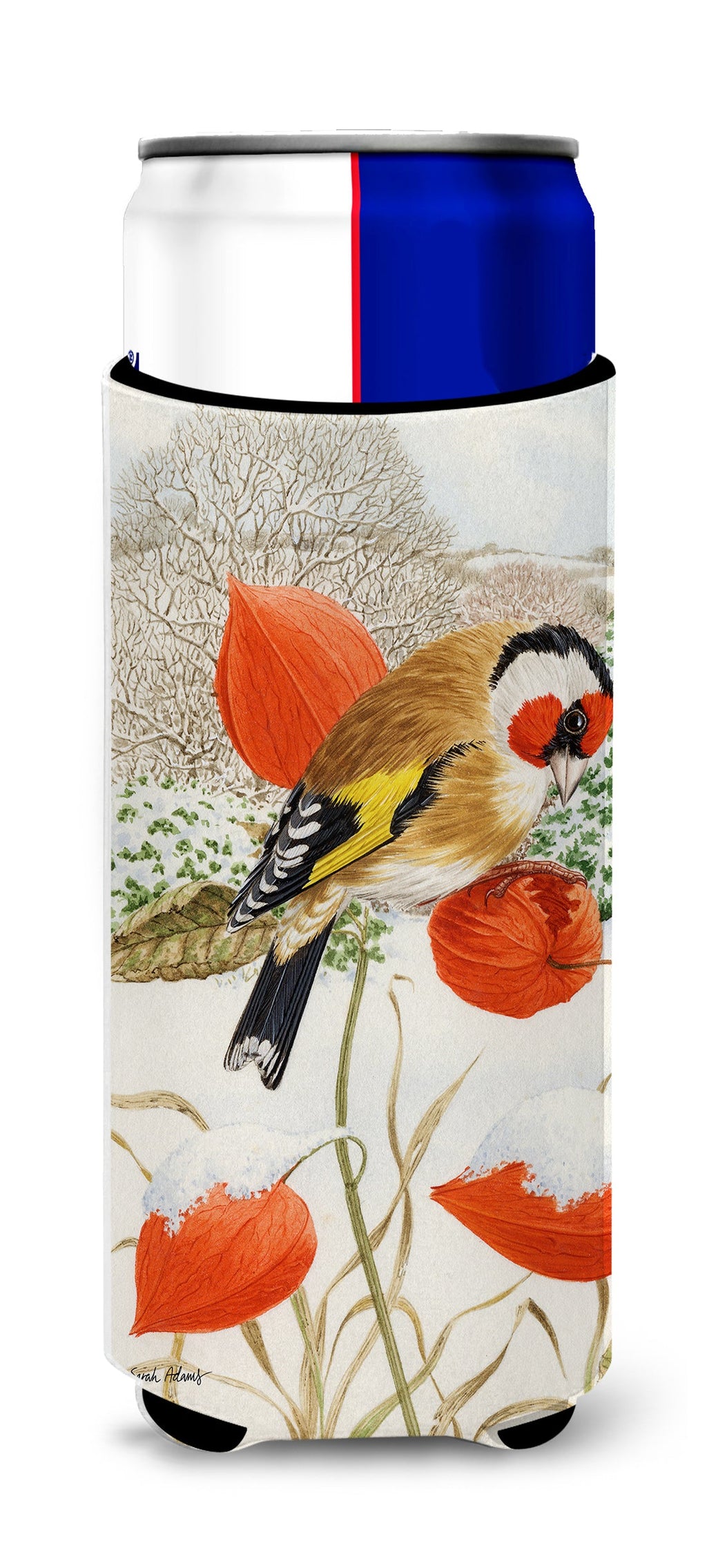 European Goldfinch Slim Can Hugger , Insulated Foam Hugger for 12 oz Slim Cans, Beer Bottles & Water Bottles, Printed in USA