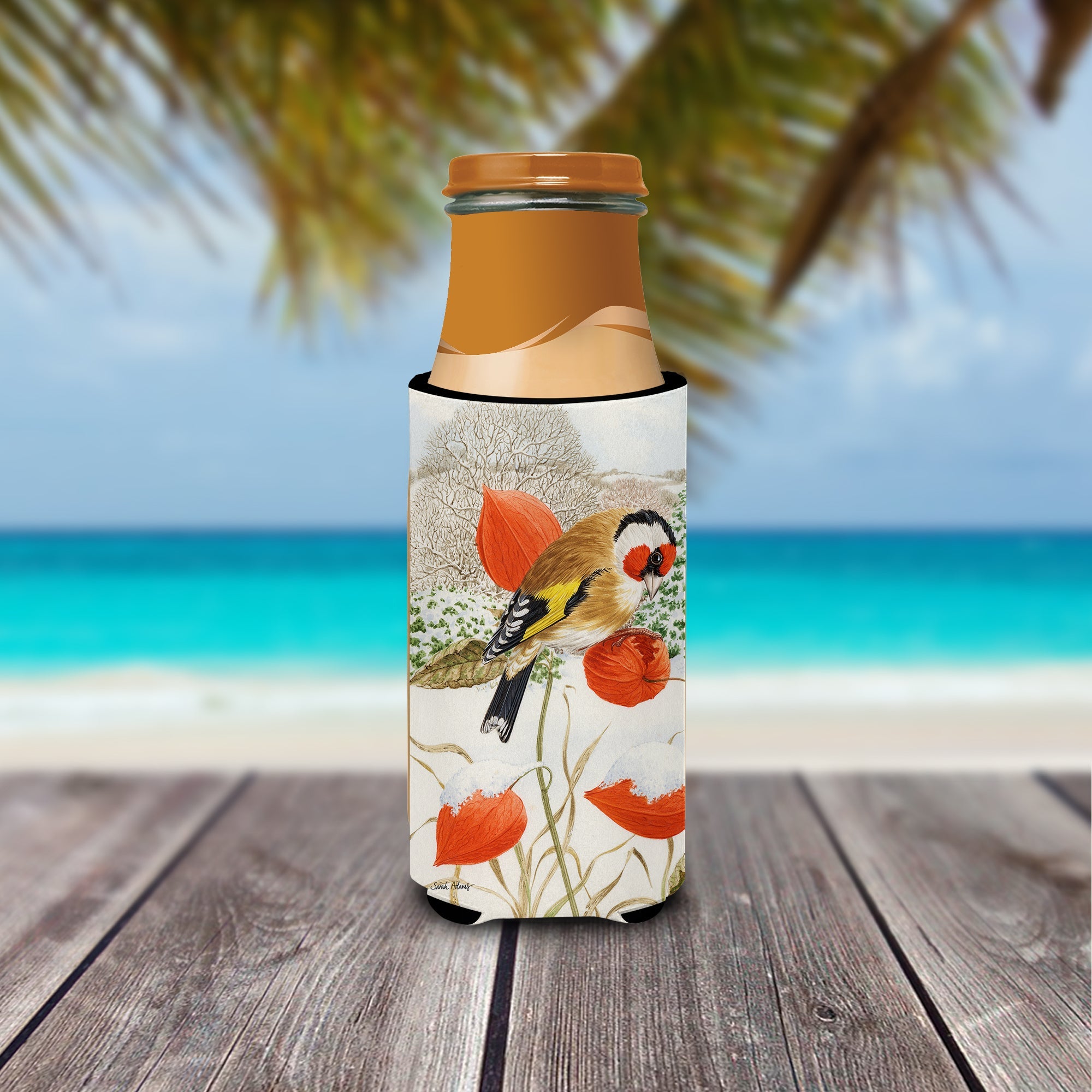 European Goldfinch Slim Can Hugger , Insulated Foam Hugger for 12 oz Slim Cans, Beer Bottles & Water Bottles, Printed in USA