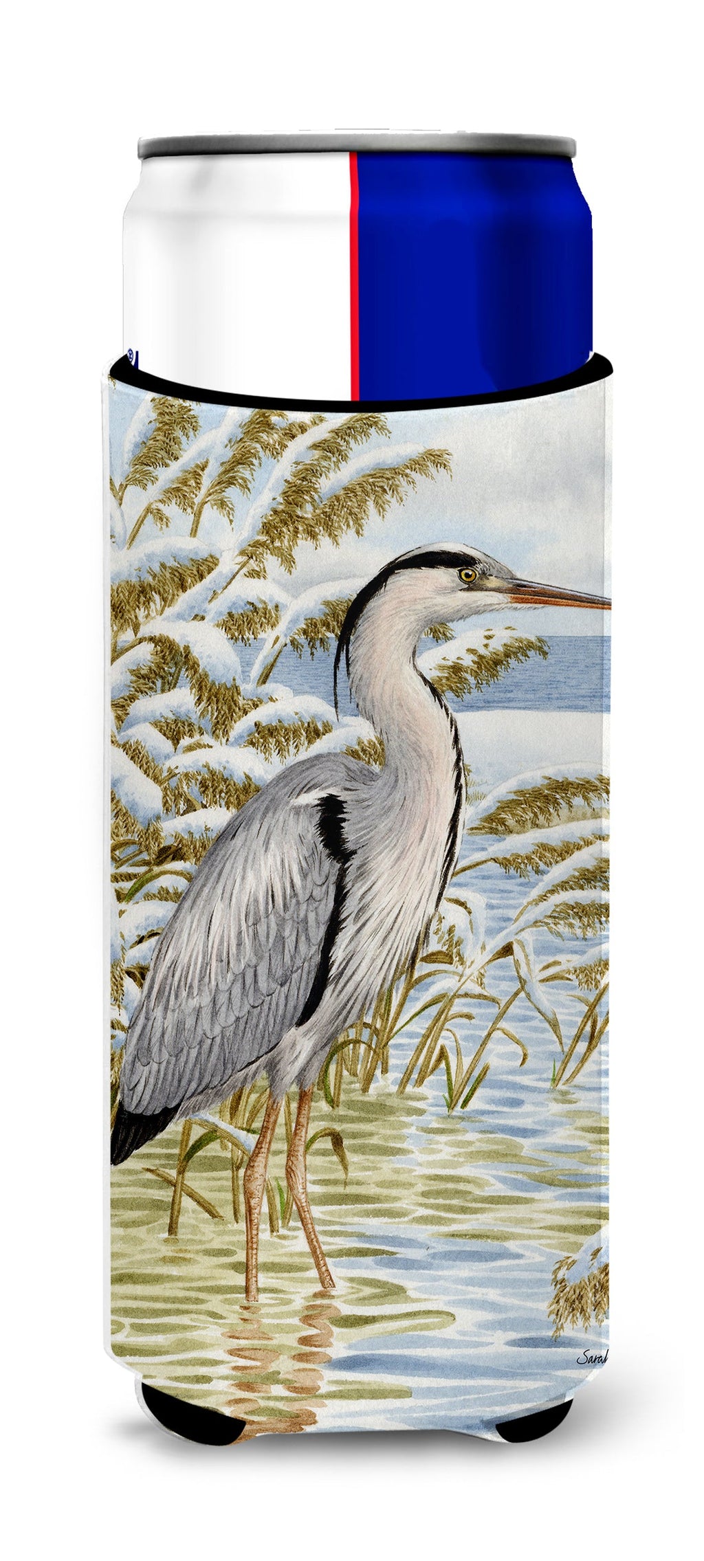 Blue Heron in the water Slim Can Hugger , Insulated Foam Hugger for 12 oz Slim Cans, Beer Bottles & Water Bottles, Printed in USA