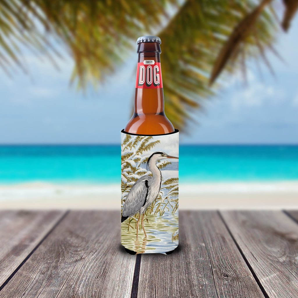 Blue Heron in the water Slim Can Hugger , Insulated Foam Hugger for 12 oz Slim Cans, Beer Bottles & Water Bottles, Printed in USA