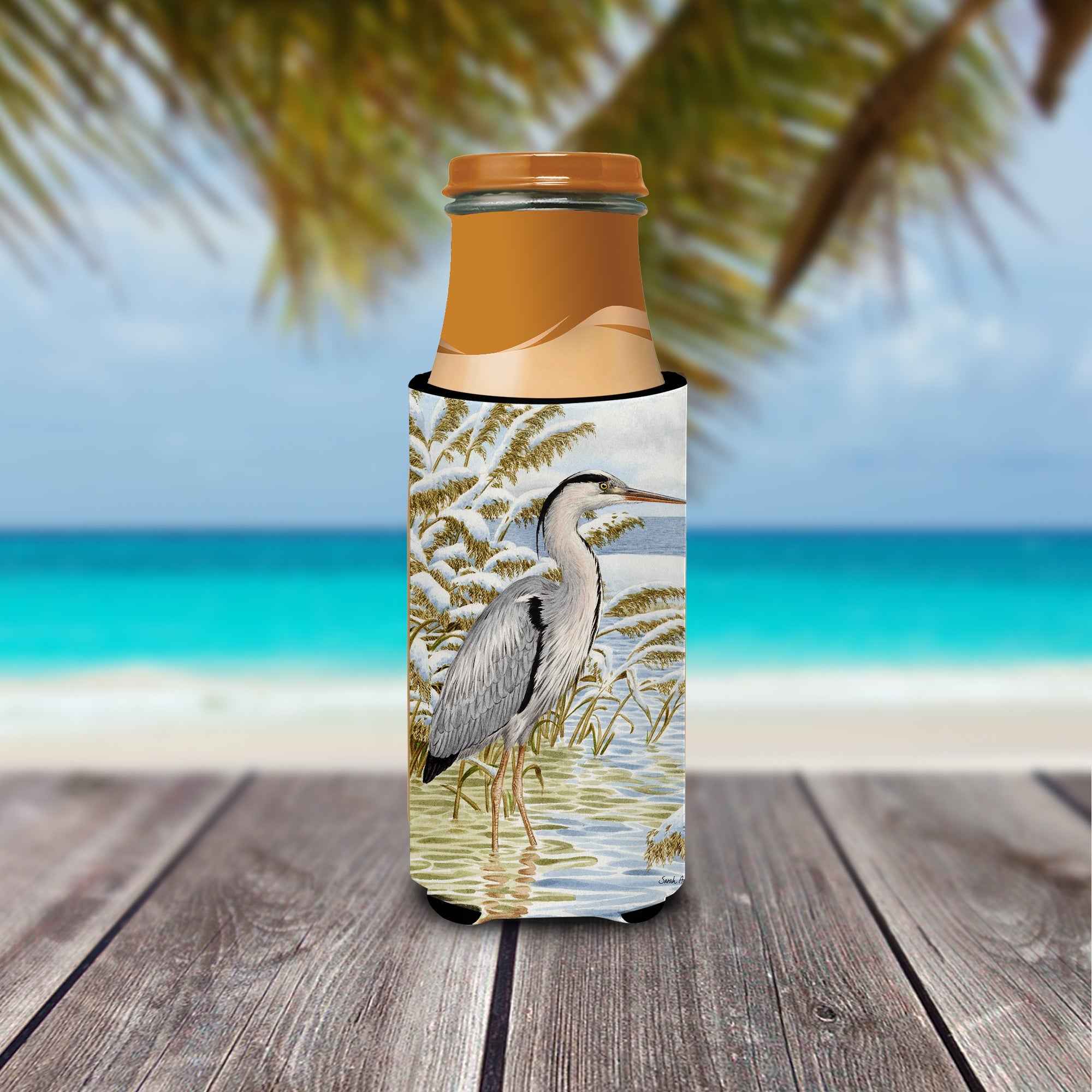 Blue Heron in the water Slim Can Hugger , Insulated Foam Hugger for 12 oz Slim Cans, Beer Bottles & Water Bottles, Printed in USA