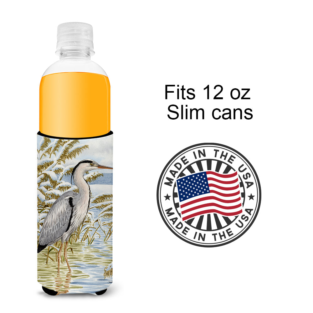 Blue Heron in the water Slim Can Hugger , Insulated Foam Hugger for 12 oz Slim Cans, Beer Bottles & Water Bottles, Printed in USA
