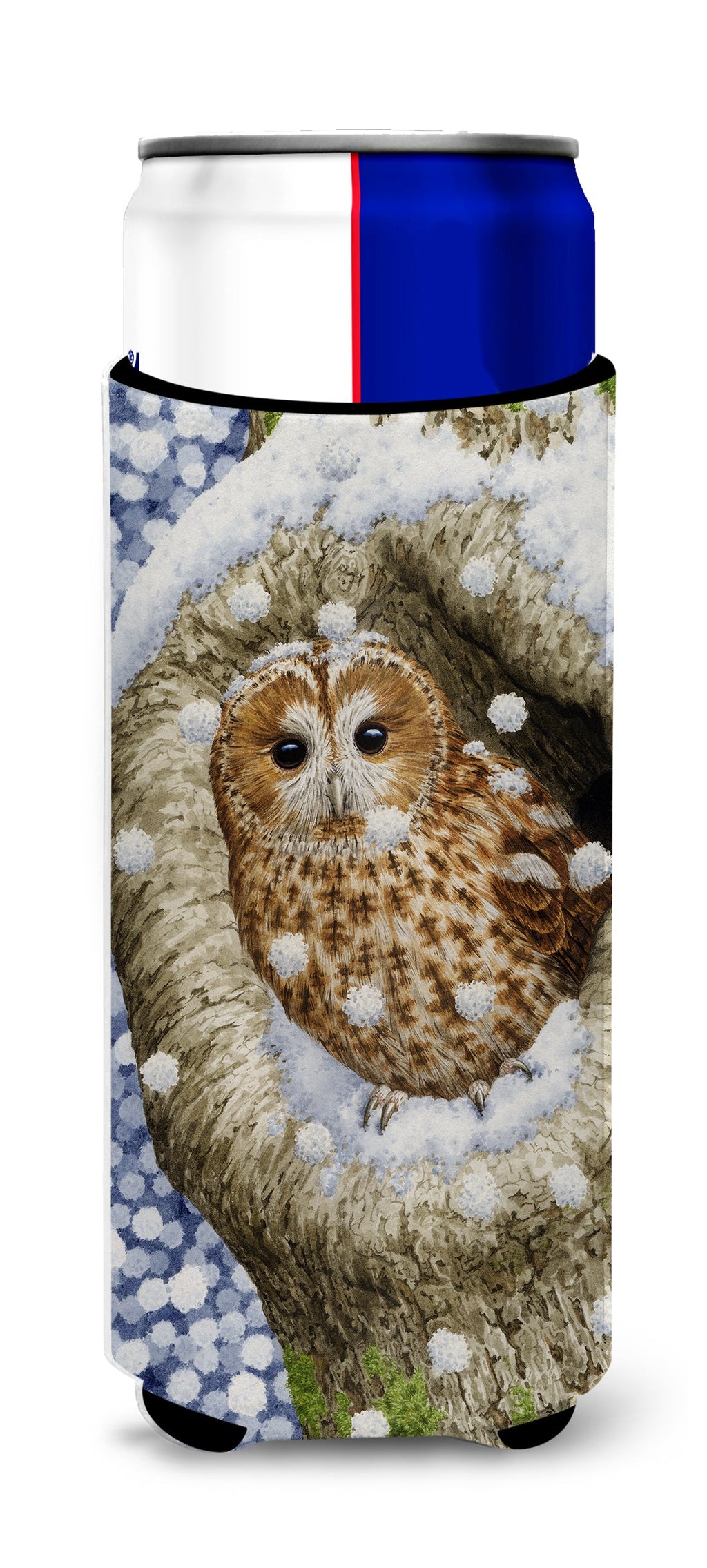 Tawny Owl in the Tree Slim Can Hugger , Insulated Foam Hugger for 12 oz Slim Cans, Beer Bottles & Water Bottles, Printed in USA