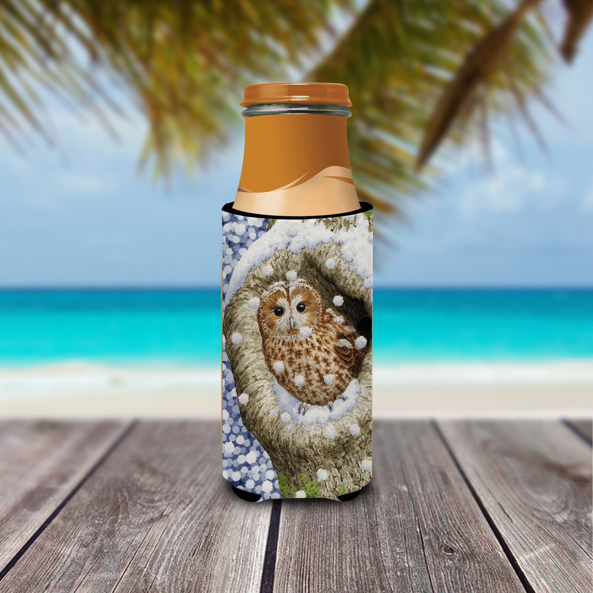 Tawny Owl in the Tree Slim Can Hugger , Insulated Foam Hugger for 12 oz Slim Cans, Beer Bottles & Water Bottles, Printed in USA