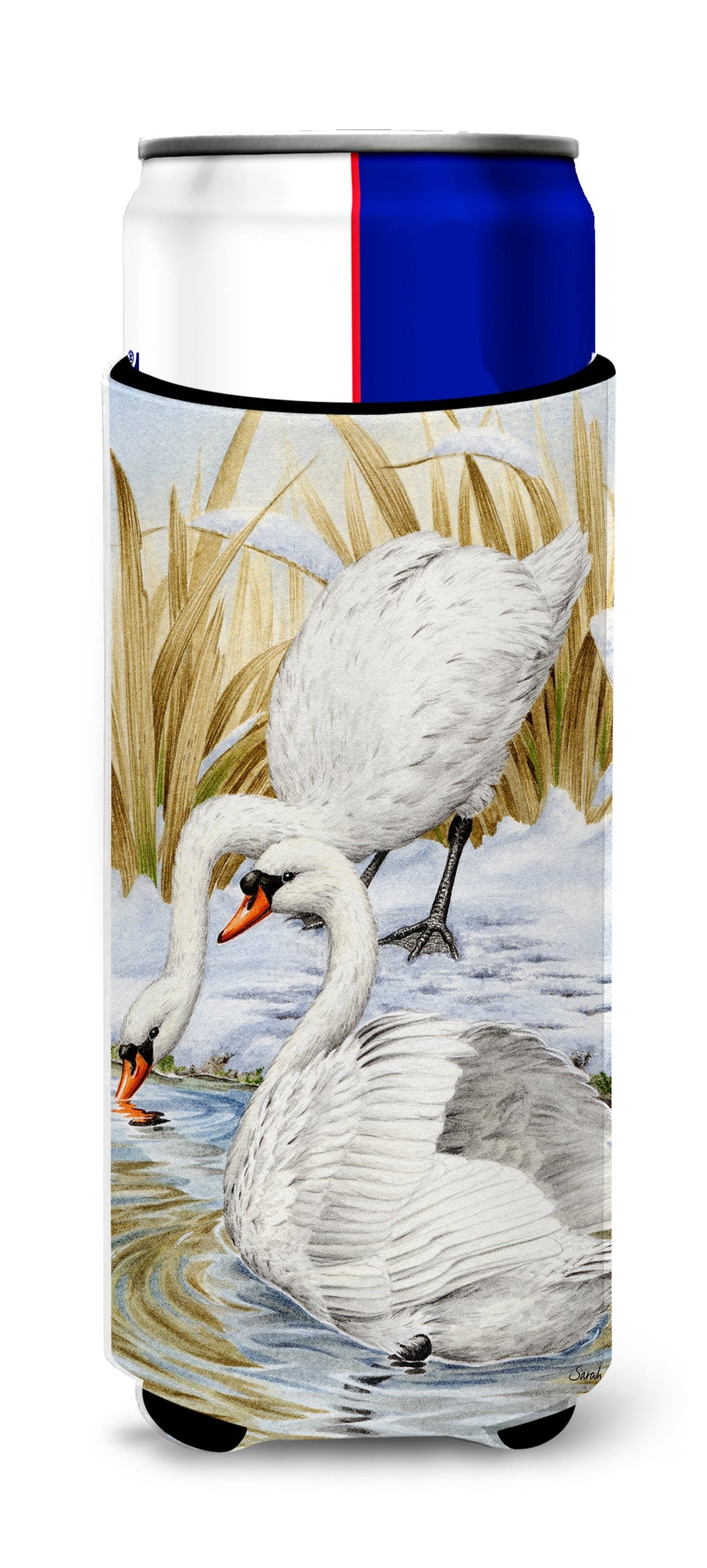 White Swans Slim Can Hugger , Insulated Foam Hugger for 12 oz Slim Cans, Beer Bottles & Water Bottles, Printed in USA