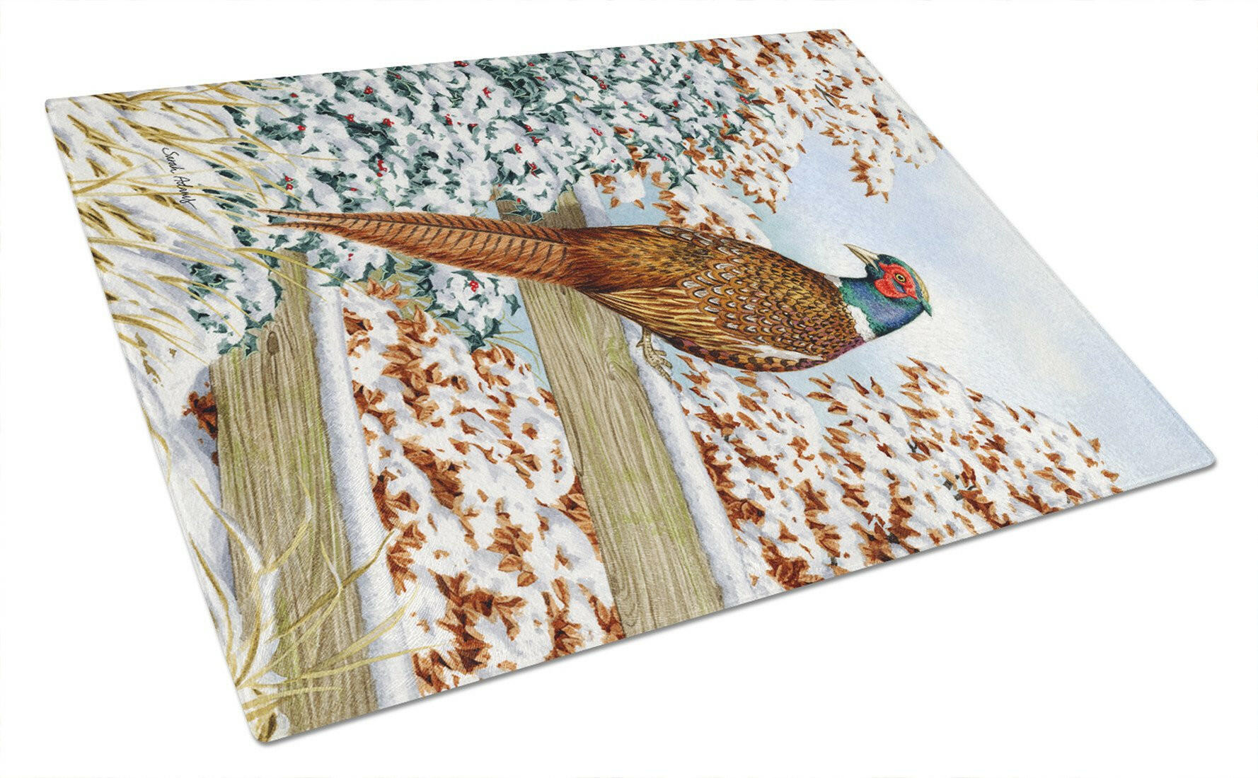Pheasant Cutting Board Tempered Glass Kitchen Cutting Surface, Heat Resistant Chopping, Non-Slip Feet, Food Prep & Serving