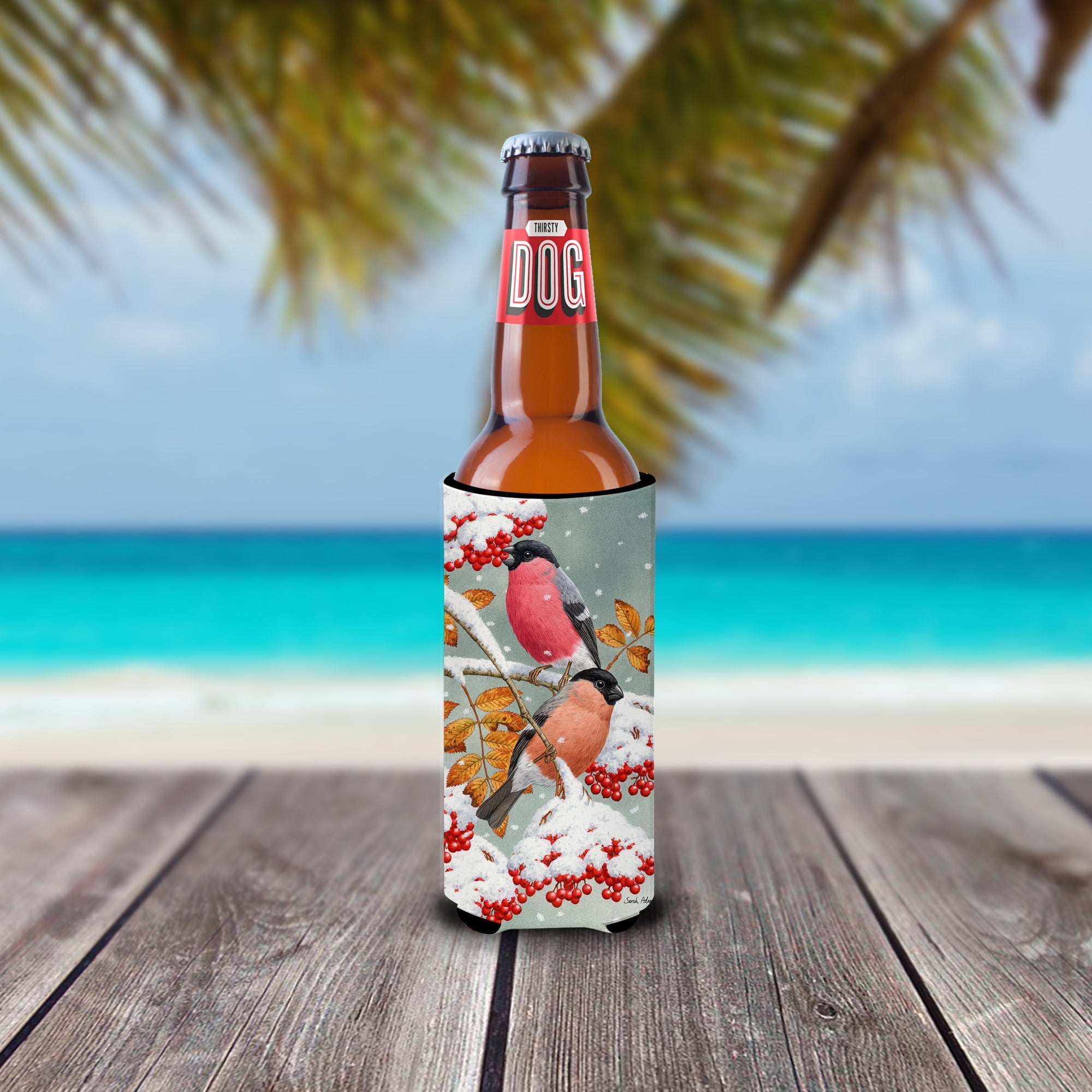 Eurasian Bullfinches Slim Can Hugger , Insulated Foam Hugger for 12 oz Slim Cans, Beer Bottles & Water Bottles, Printed in USA