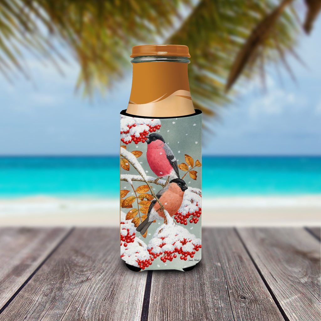 Eurasian Bullfinches Slim Can Hugger , Insulated Foam Hugger for 12 oz Slim Cans, Beer Bottles & Water Bottles, Printed in USA