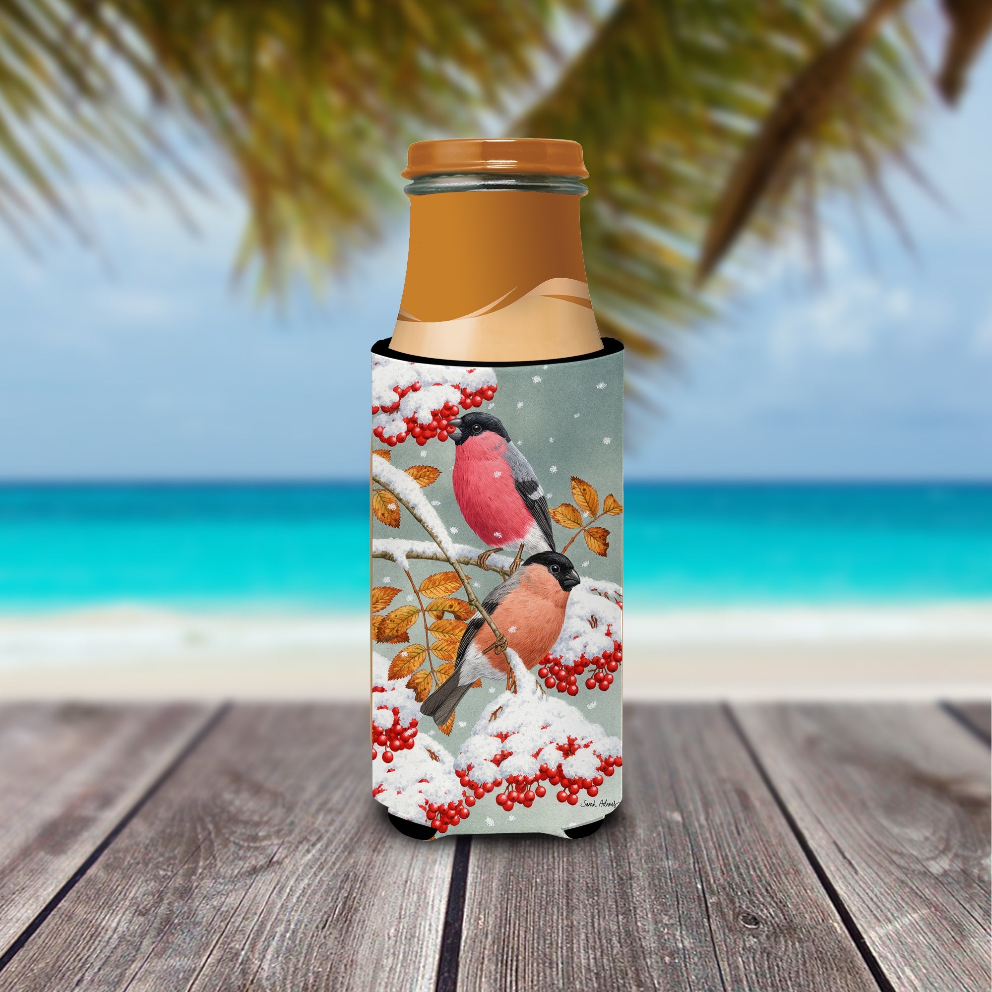 Eurasian Bullfinches Slim Can Hugger , Insulated Foam Hugger for 12 oz Slim Cans, Beer Bottles & Water Bottles, Printed in USA