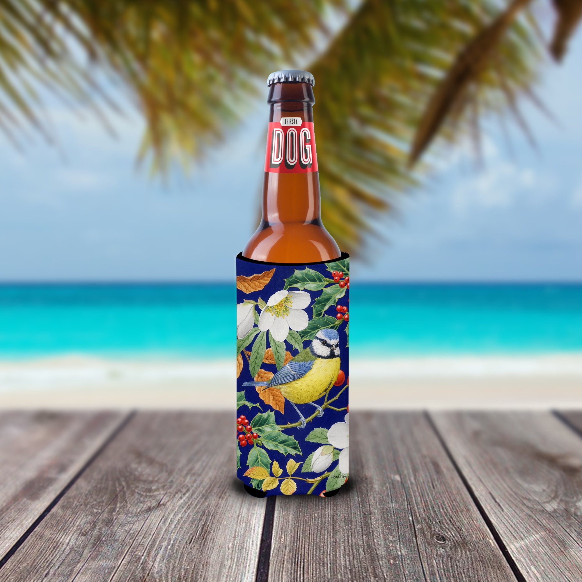 Eurasian Blue Tit Slim Can Hugger , Insulated Foam Hugger for 12 oz Slim Cans, Beer Bottles & Water Bottles, Printed in USA