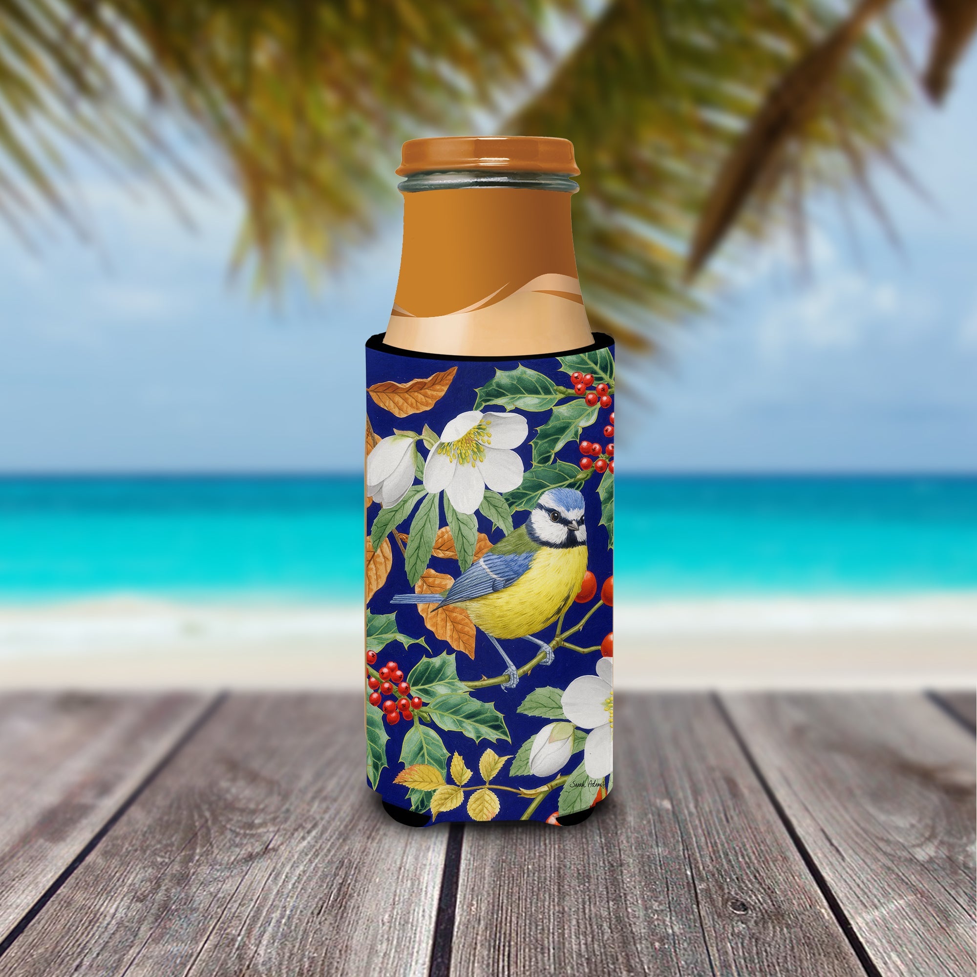 Eurasian Blue Tit Slim Can Hugger , Insulated Foam Hugger for 12 oz Slim Cans, Beer Bottles & Water Bottles, Printed in USA