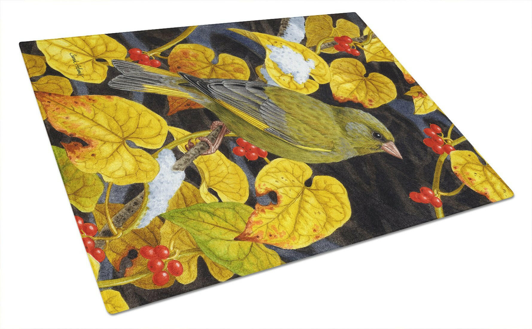 European Greenfinch Cutting Board Tempered Glass Kitchen Cutting Surface, Heat Resistant Chopping, Non-Slip Feet, Food Prep & Serving