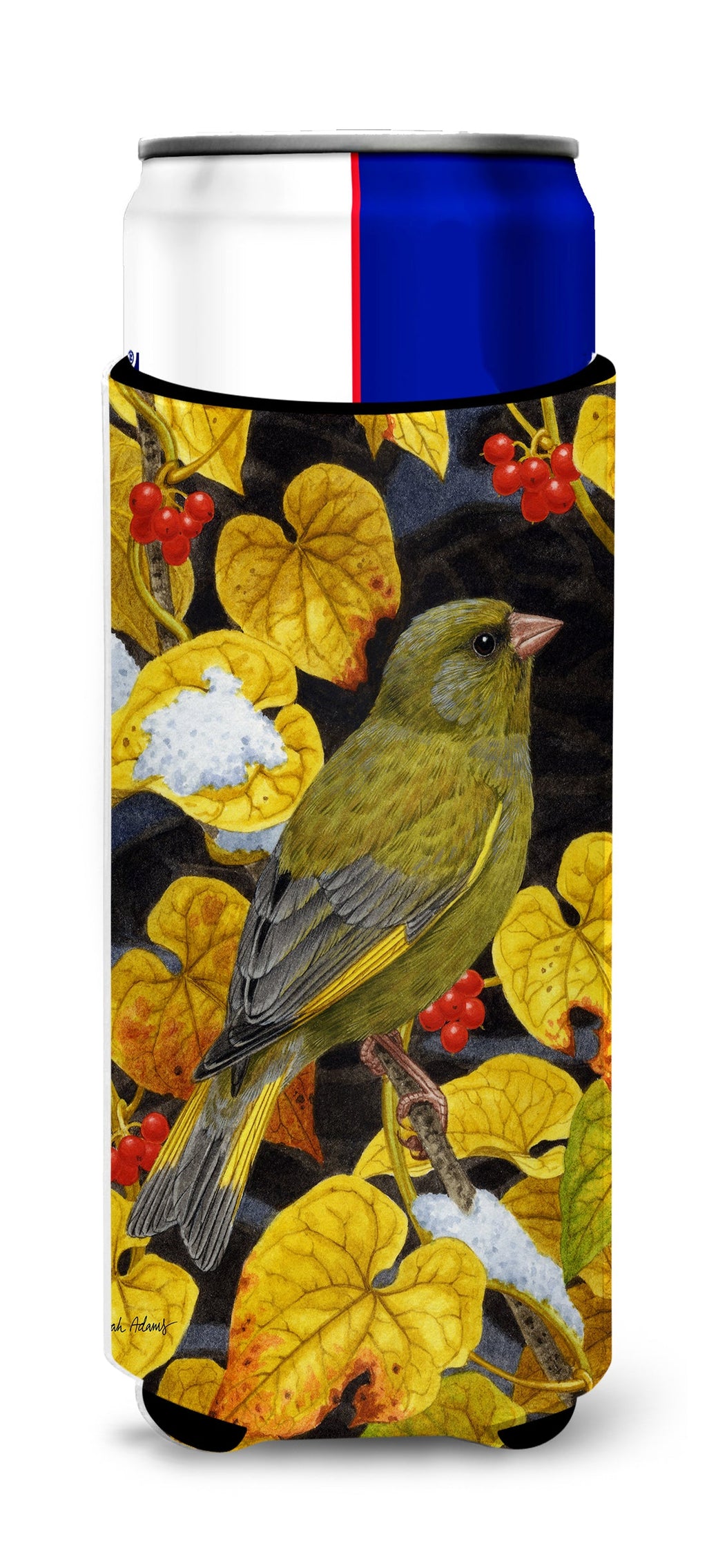 European Greenfinch Slim Can Hugger , Insulated Foam Hugger for 12 oz Slim Cans, Beer Bottles & Water Bottles, Printed in USA