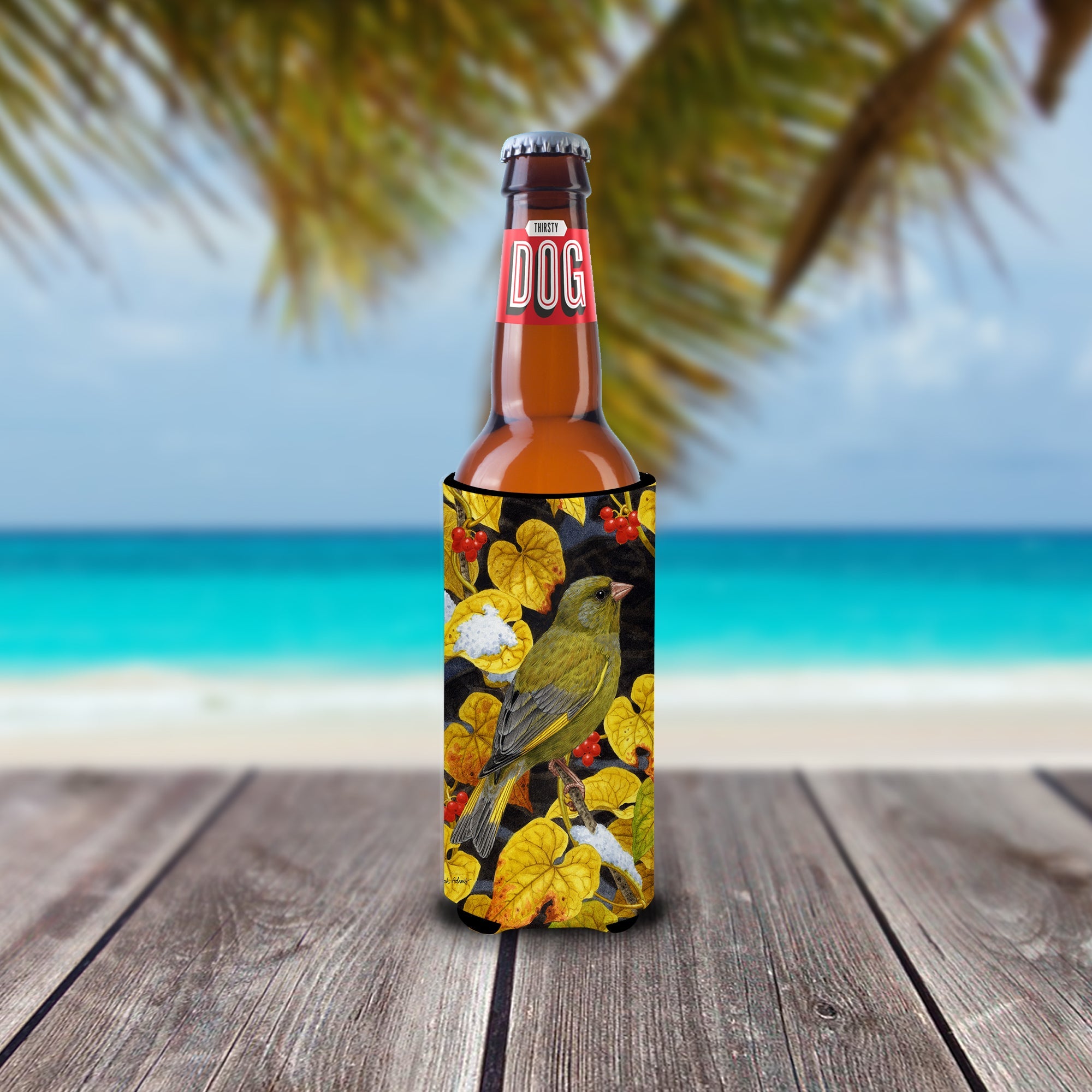 European Greenfinch Slim Can Hugger , Insulated Foam Hugger for 12 oz Slim Cans, Beer Bottles & Water Bottles, Printed in USA