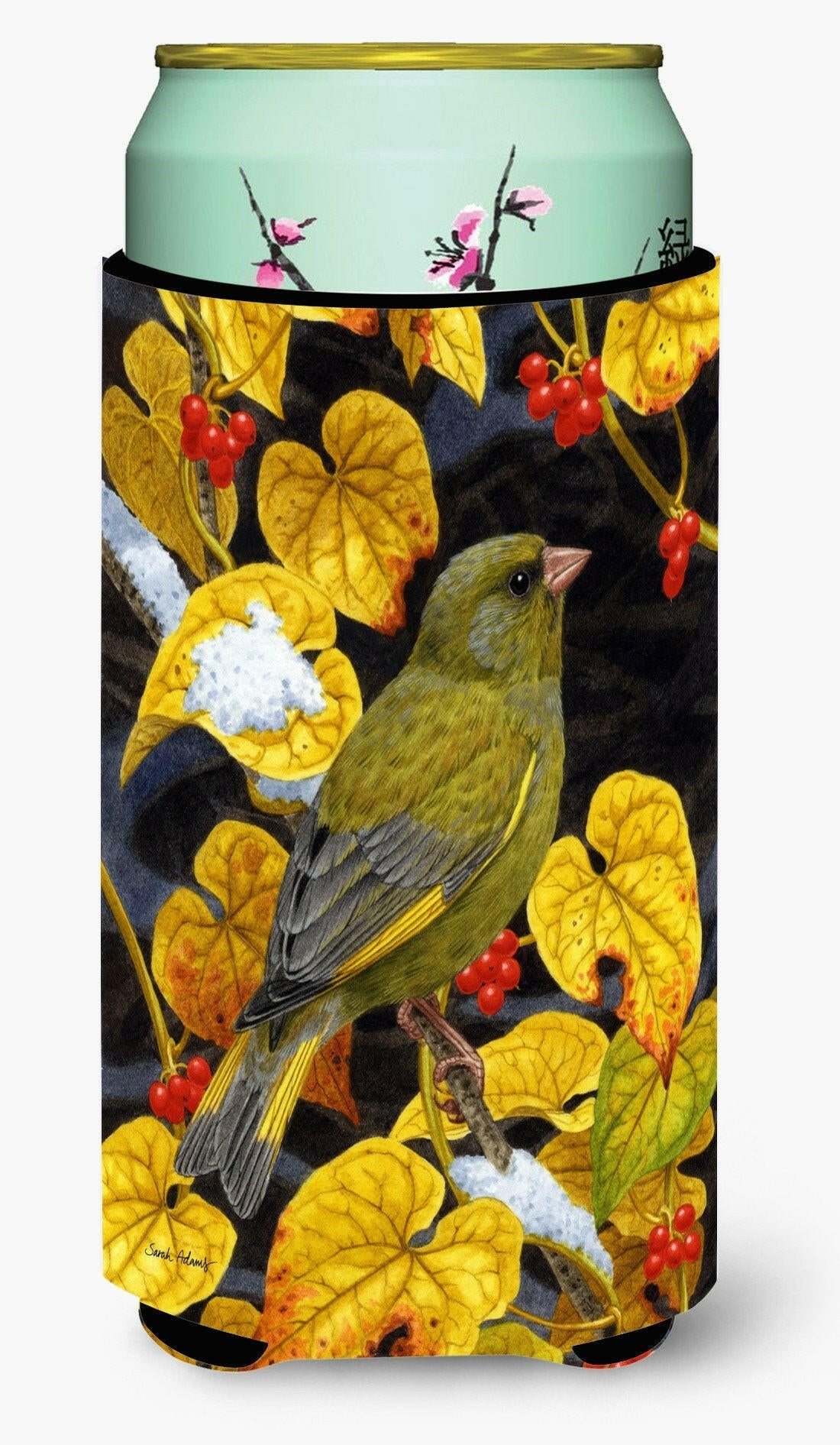 European Greenfinch Tall Boy Hugger Can Cooler Sleeve Machine Washable Drink Collapsible Insulator Beverage Insulated Holder