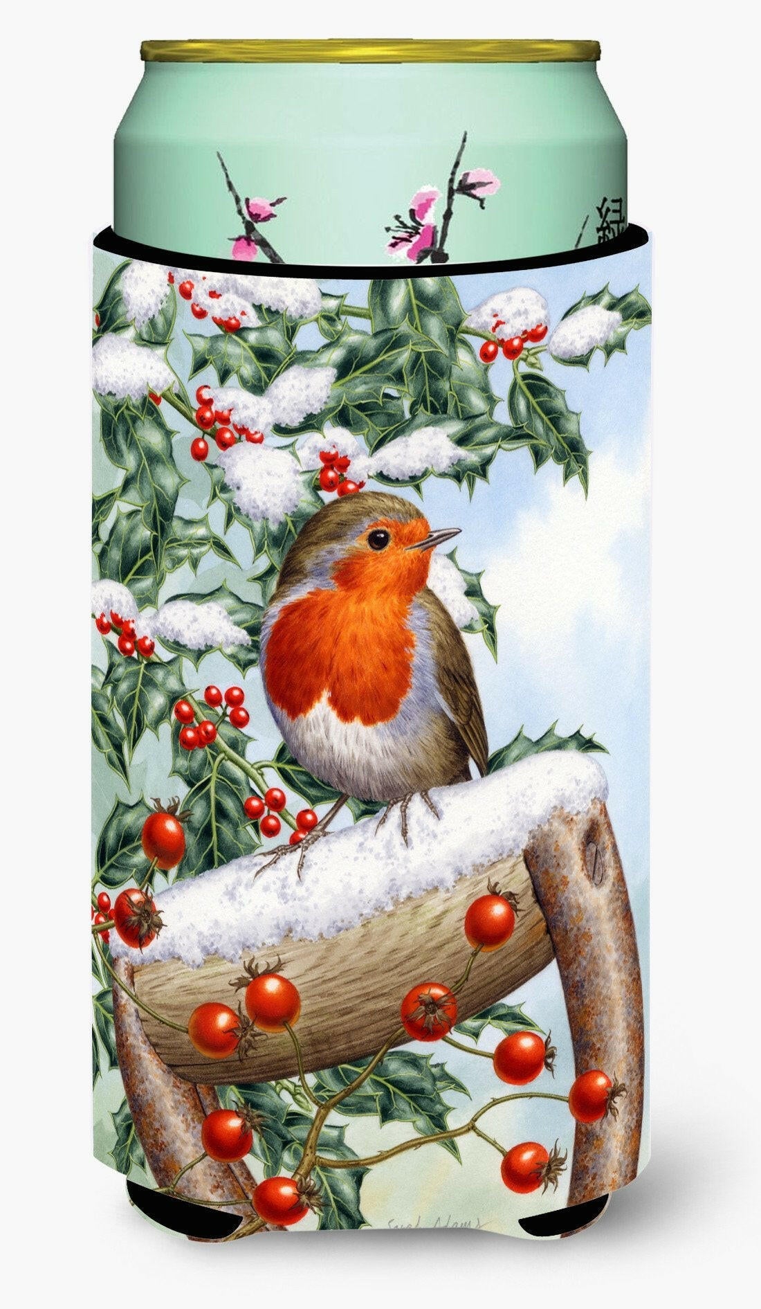 European Garden Robin Tall Boy Hugger Can Cooler Sleeve Machine Washable Drink Collapsible Insulator Beverage Insulated Holder