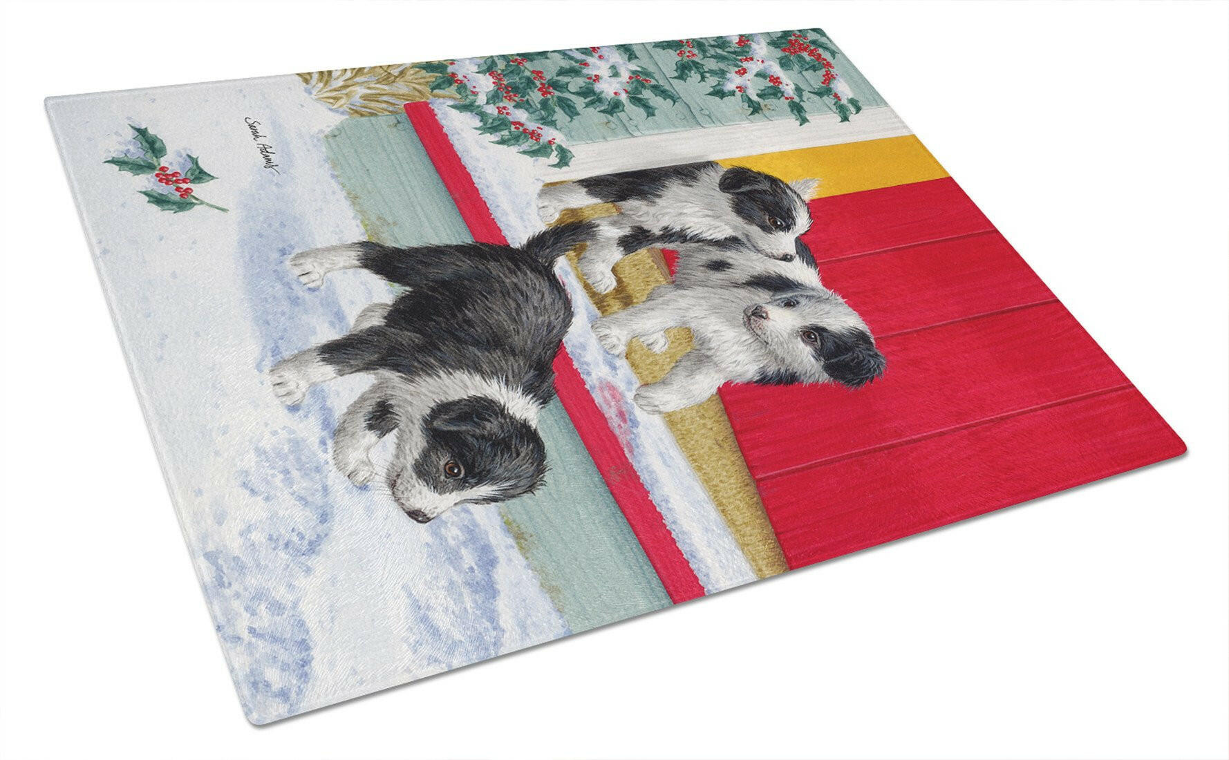 Christmas Border Collie Pups Cutting Board Tempered Glass Kitchen Cutting Surface, Heat Resistant Chopping, Non-Slip Feet, Food Prep & Serving