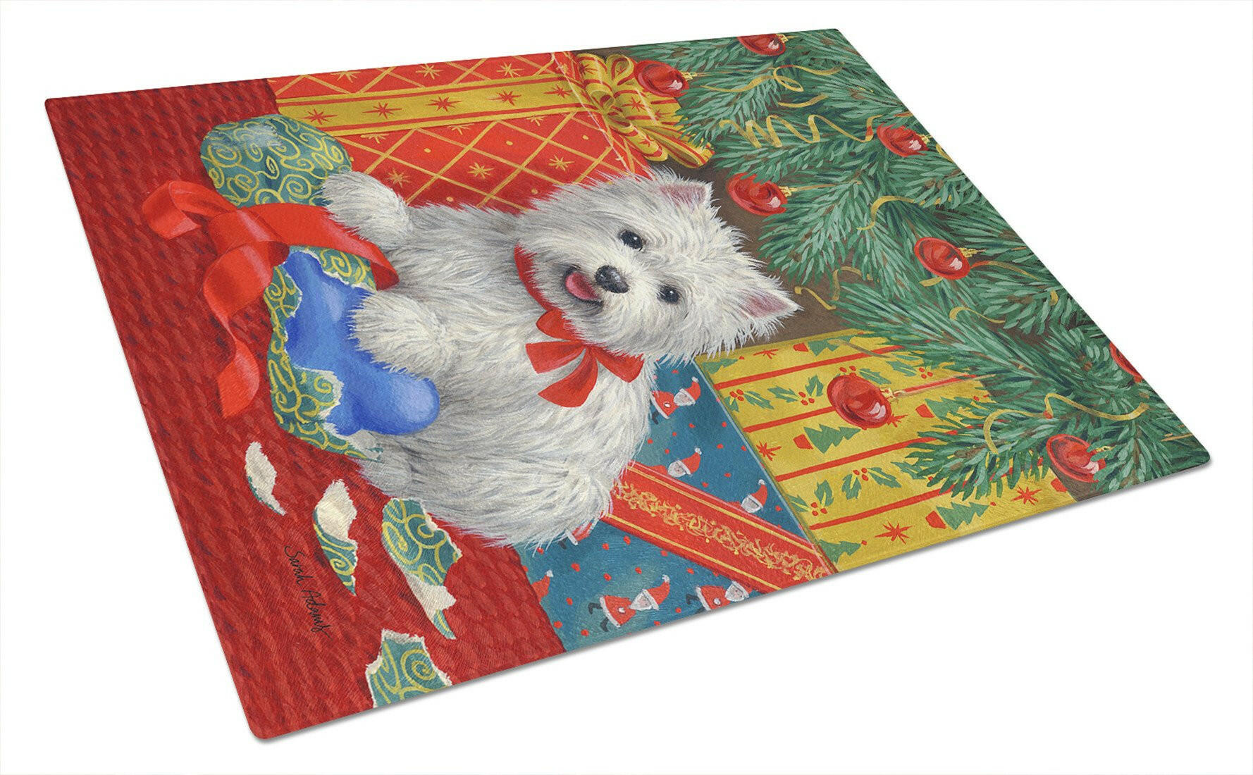Westie Christmas Packages Cutting Board Tempered Glass Kitchen Cutting Surface, Heat Resistant Chopping, Non-Slip Feet, Food Prep & Serving