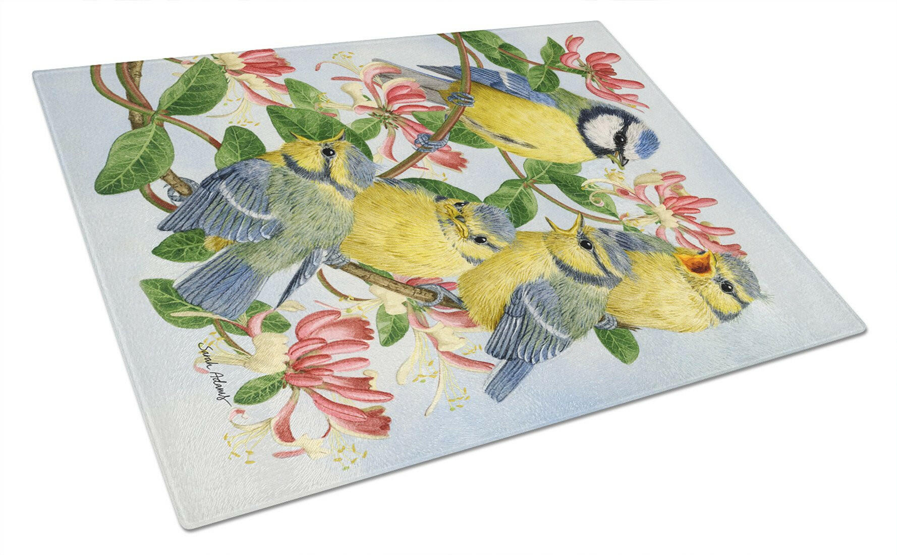 Eurasian Blue Tits at feeding time Cutting Board Tempered Glass Kitchen Cutting Surface, Heat Resistant Chopping, Non-Slip Feet, Food Prep & Serving