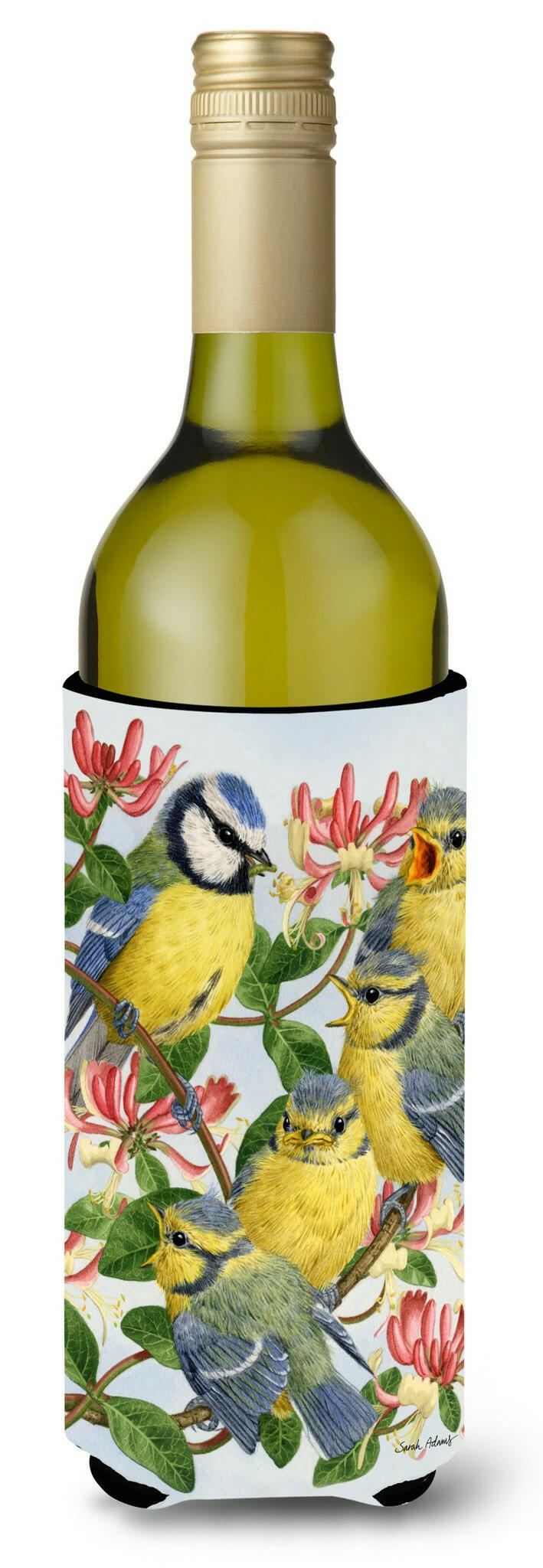 Eurasian Blue Tits at feeding time Wine Bottle Hugger Gift Sleeve for Standard 750 ml Bottles, Insulated Reusable Also Fits Mini Shot & Pint Bottles