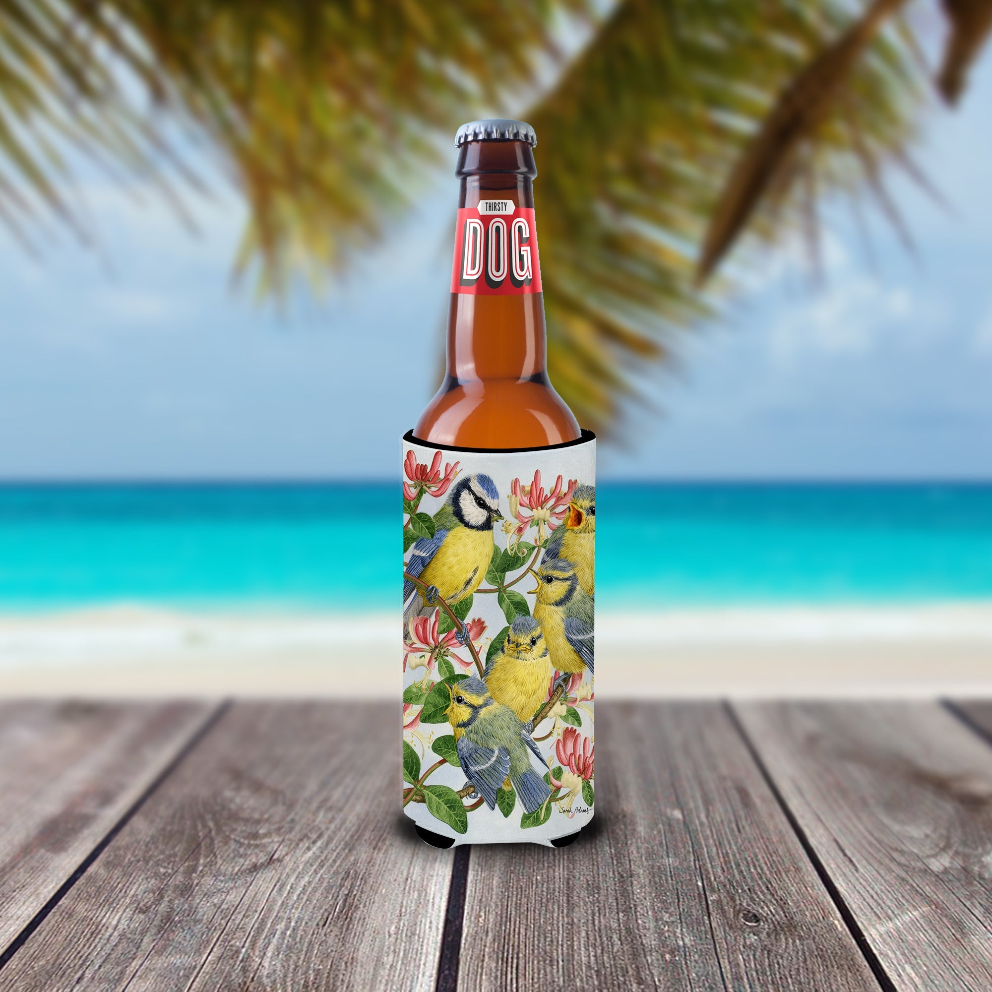 Eurasian Blue Tits at feeding time Slim Can Hugger , Insulated Foam Hugger for 12 oz Slim Cans, Beer Bottles & Water Bottles, Printed in USA