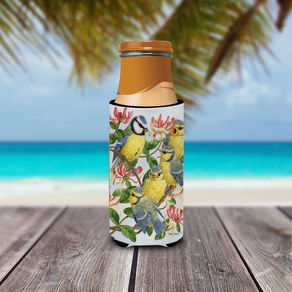 Eurasian Blue Tits at feeding time Slim Can Hugger , Insulated Foam Hugger for 12 oz Slim Cans, Beer Bottles & Water Bottles, Printed in USA