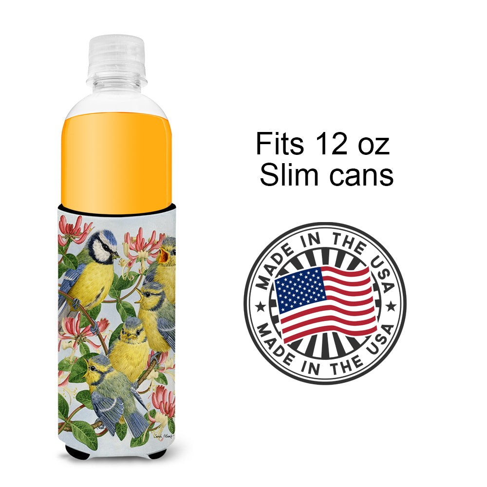Eurasian Blue Tits at feeding time Slim Can Hugger , Insulated Foam Hugger for 12 oz Slim Cans, Beer Bottles & Water Bottles, Printed in USA