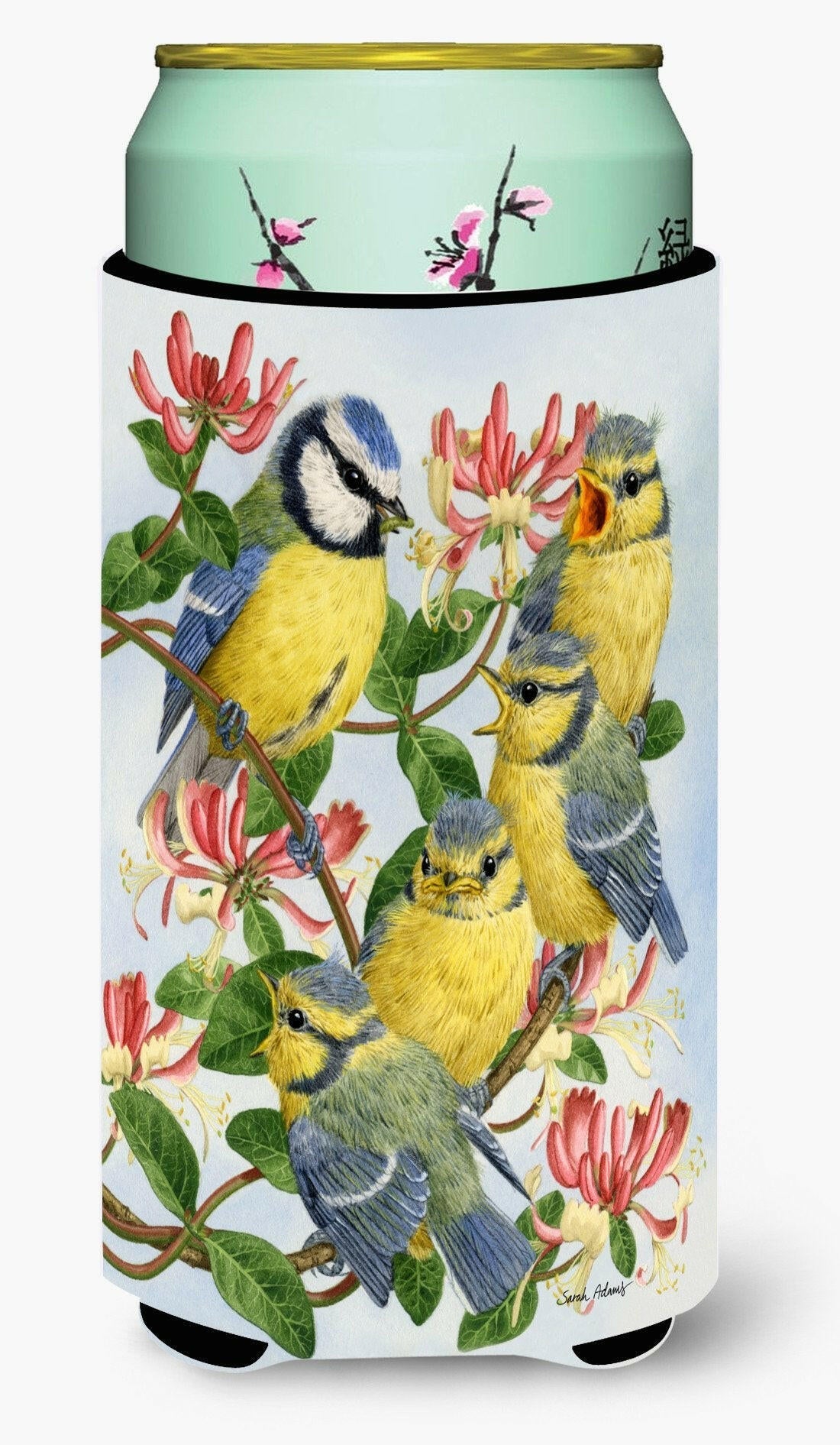 Eurasian Blue Tits at feeding time Tall Boy Hugger Can Cooler Sleeve Machine Washable Drink Collapsible Insulator Beverage Insulated Holder