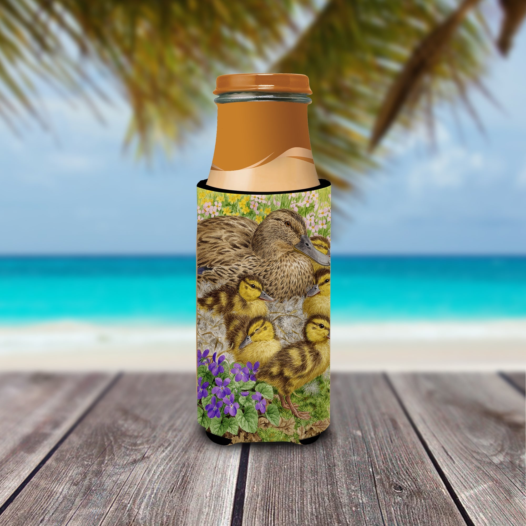 Female Mallard Duck and Ducklings Slim Can Hugger , Insulated Foam Hugger for 12 oz Slim Cans, Beer Bottles & Water Bottles, Printed in USA
