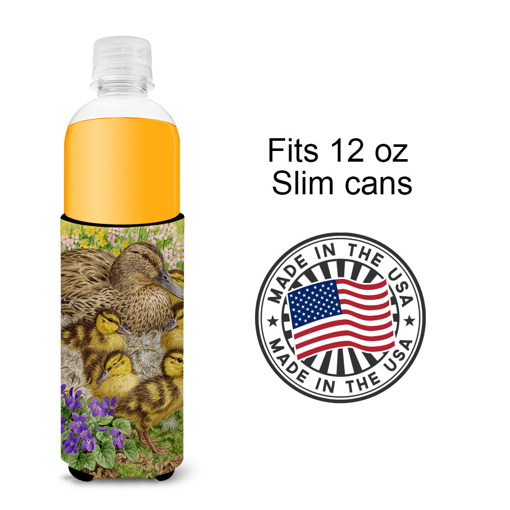Female Mallard Duck and Ducklings Slim Can Hugger , Insulated Foam Hugger for 12 oz Slim Cans, Beer Bottles & Water Bottles, Printed in USA