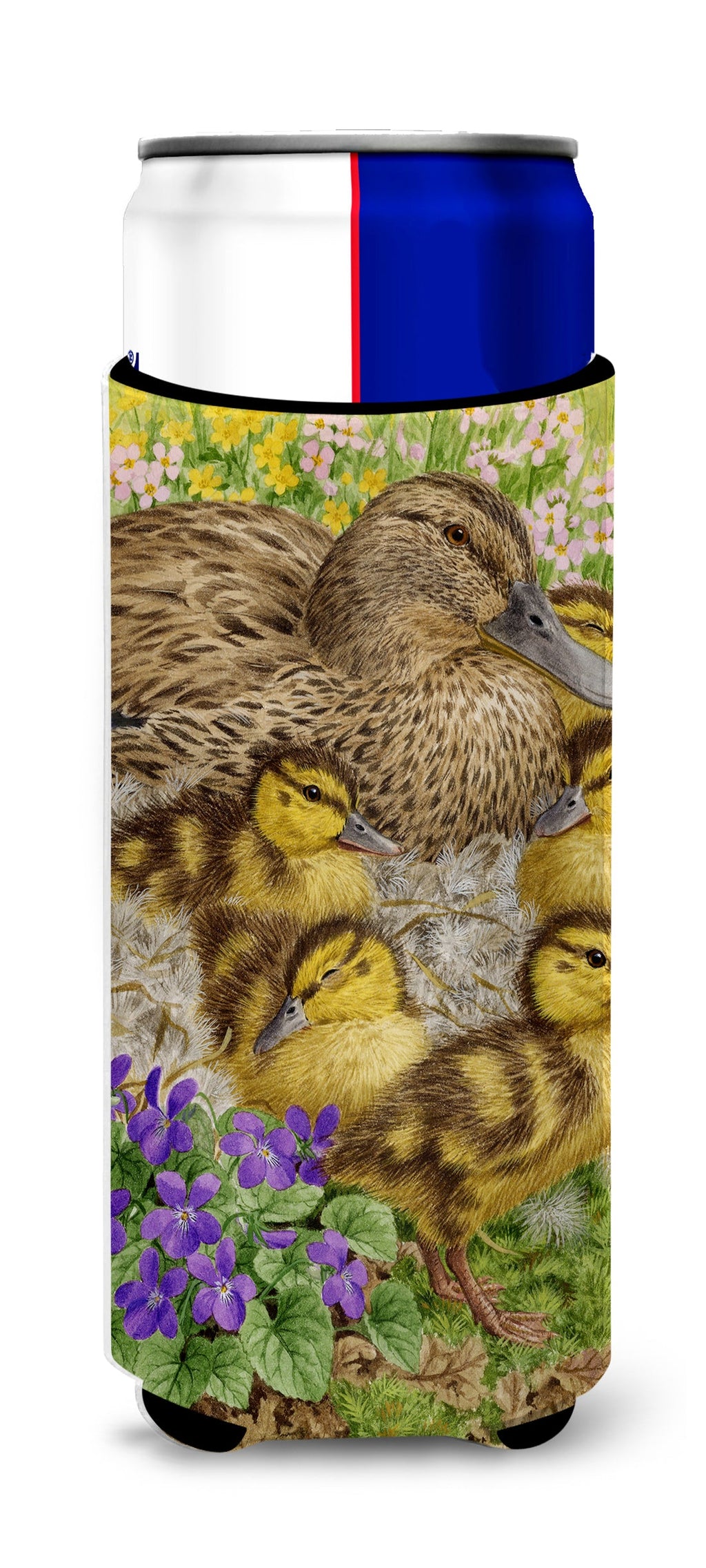 Female Mallard Duck and Ducklings Slim Can Hugger , Insulated Foam Hugger for 12 oz Slim Cans, Beer Bottles & Water Bottles, Printed in USA