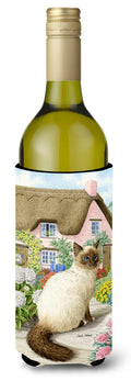 Birman Cat and Cottage Wine Bottle Hugger Gift Sleeve for Standard 750 ml Bottles, Insulated Reusable Also Fits Mini Shot & Pint Bottles
