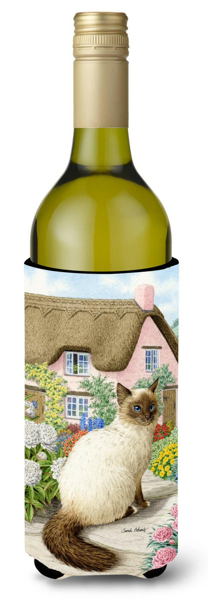Birman Cat and Cottage Wine Bottle Hugger Gift Sleeve for Standard 750 ml Bottles, Insulated Reusable Also Fits Mini Shot & Pint Bottles