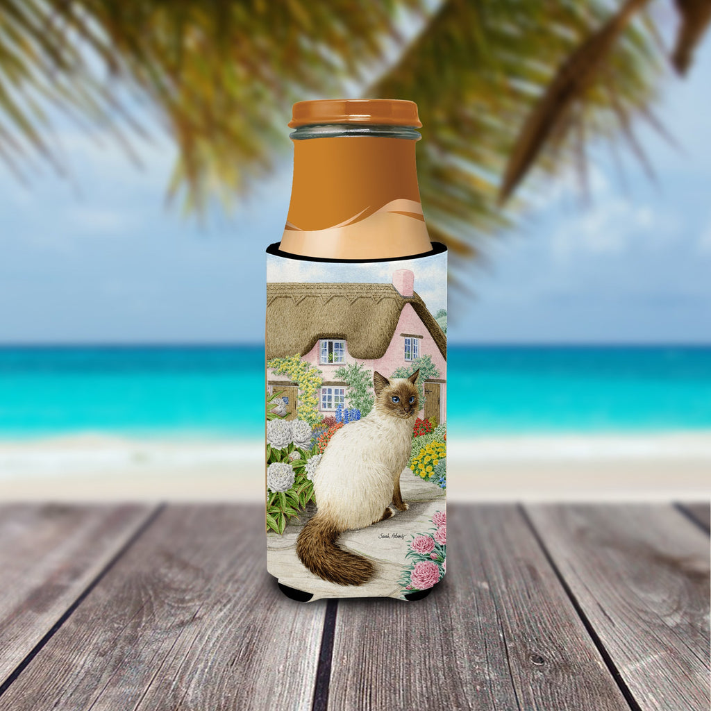 Birman Cat and Cottage Slim Can Hugger , Insulated Foam Hugger for 12 oz Slim Cans, Beer Bottles & Water Bottles, Printed in USA