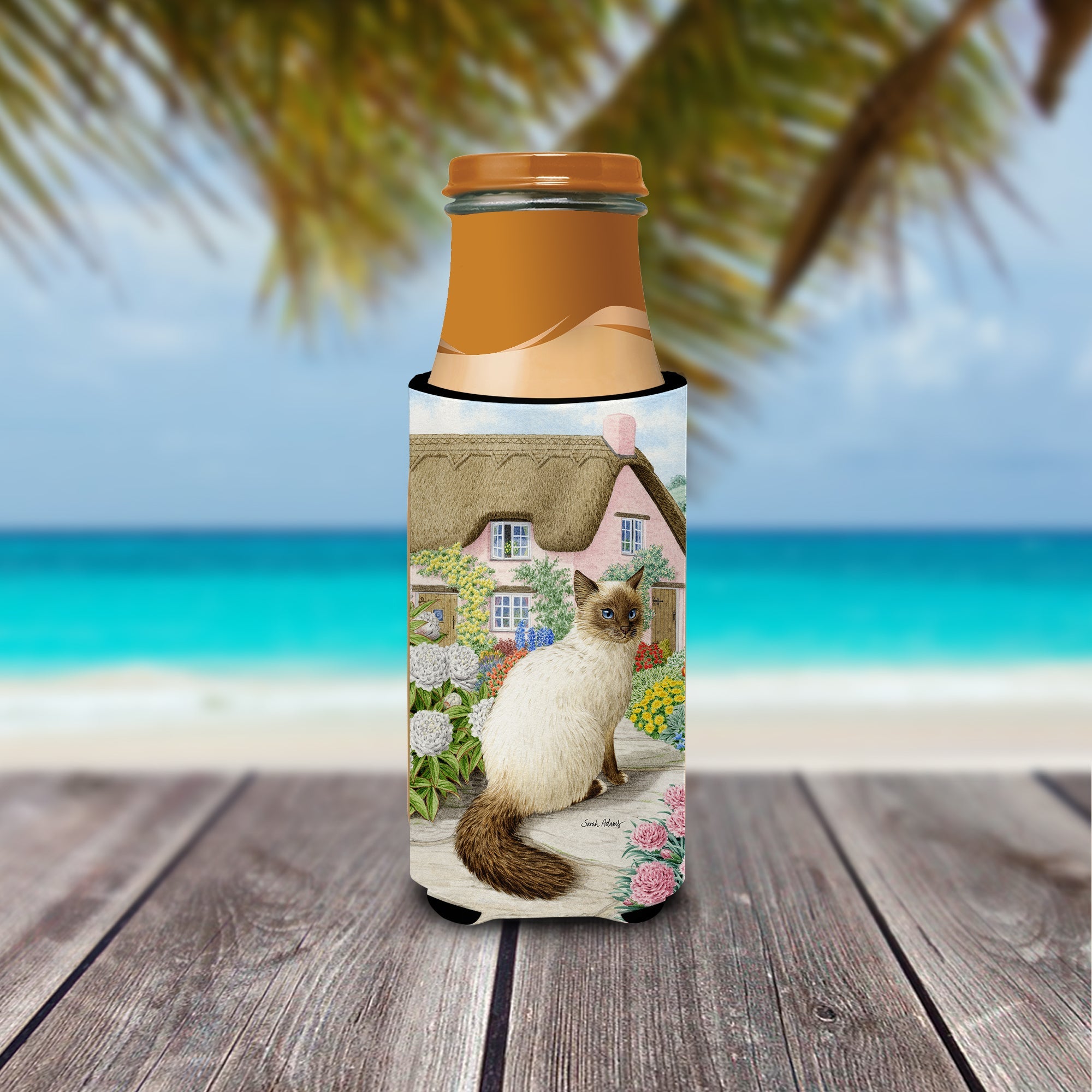 Birman Cat and Cottage Slim Can Hugger , Insulated Foam Hugger for 12 oz Slim Cans, Beer Bottles & Water Bottles, Printed in USA