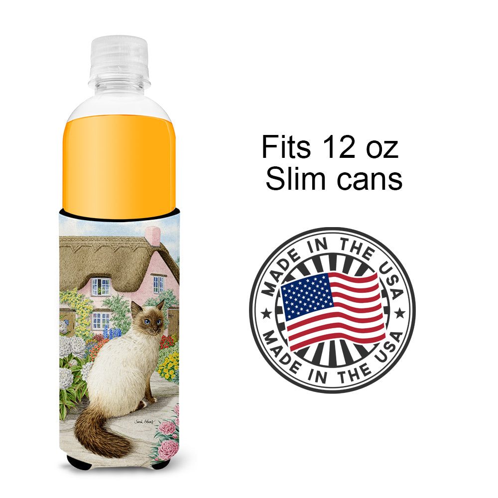 Birman Cat and Cottage Slim Can Hugger , Insulated Foam Hugger for 12 oz Slim Cans, Beer Bottles & Water Bottles, Printed in USA