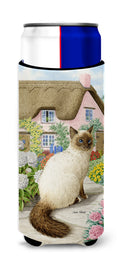 Birman Cat and Cottage Slim Can Hugger , Insulated Foam Hugger for 12 oz Slim Cans, Beer Bottles & Water Bottles, Printed in USA