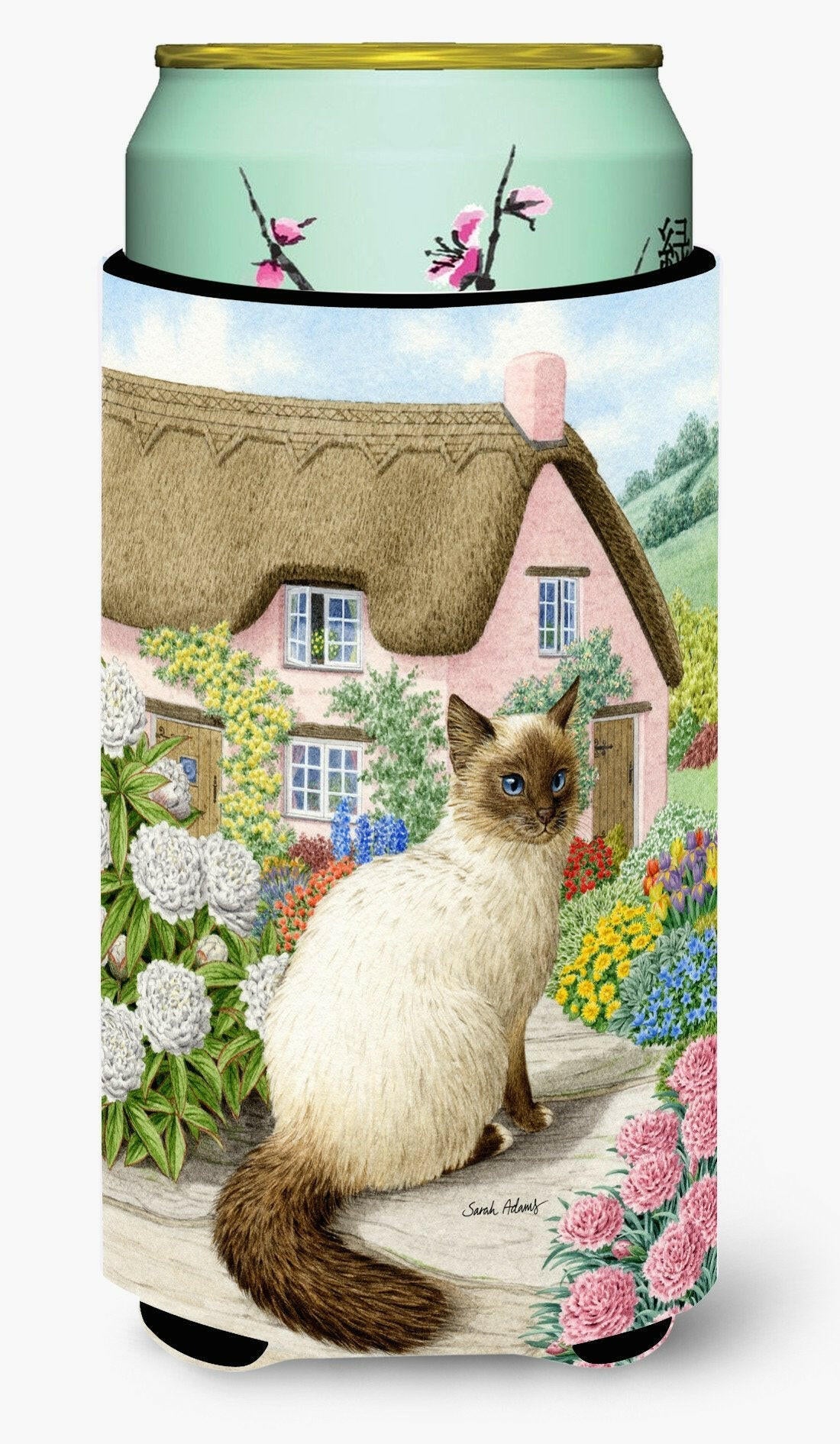 Birman Cat and Cottage Tall Boy Hugger Can Cooler Sleeve Machine Washable Drink Collapsible Insulator Beverage Insulated Holder