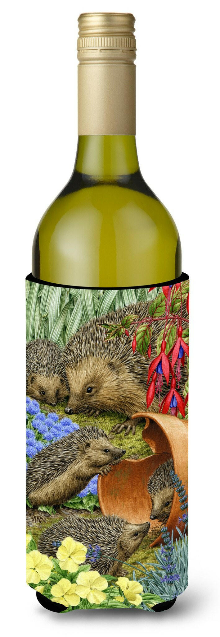 Hedgehogs in the Flower Pot Wine Bottle Hugger Gift Sleeve for Standard 750 ml Bottles, Insulated Reusable Also Fits Mini Shot & Pint Bottles
