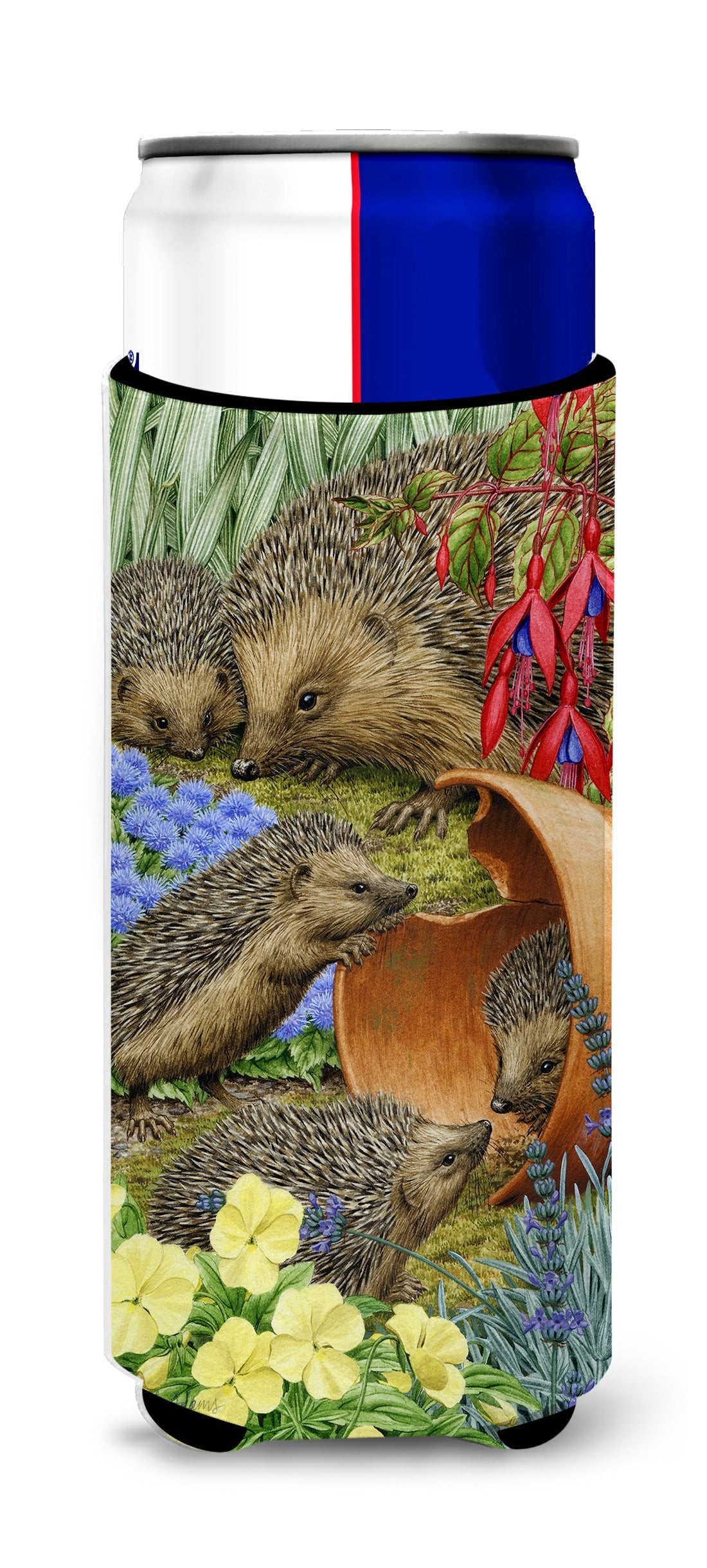 Hedgehogs in the Flower Pot Slim Can Hugger , Insulated Foam Hugger for 12 oz Slim Cans, Beer Bottles & Water Bottles, Printed in USA