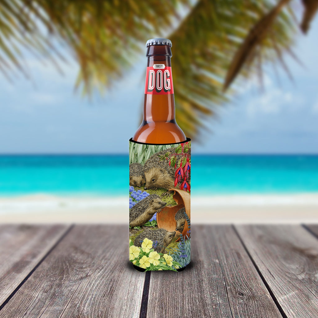 Hedgehogs in the Flower Pot Slim Can Hugger , Insulated Foam Hugger for 12 oz Slim Cans, Beer Bottles & Water Bottles, Printed in USA