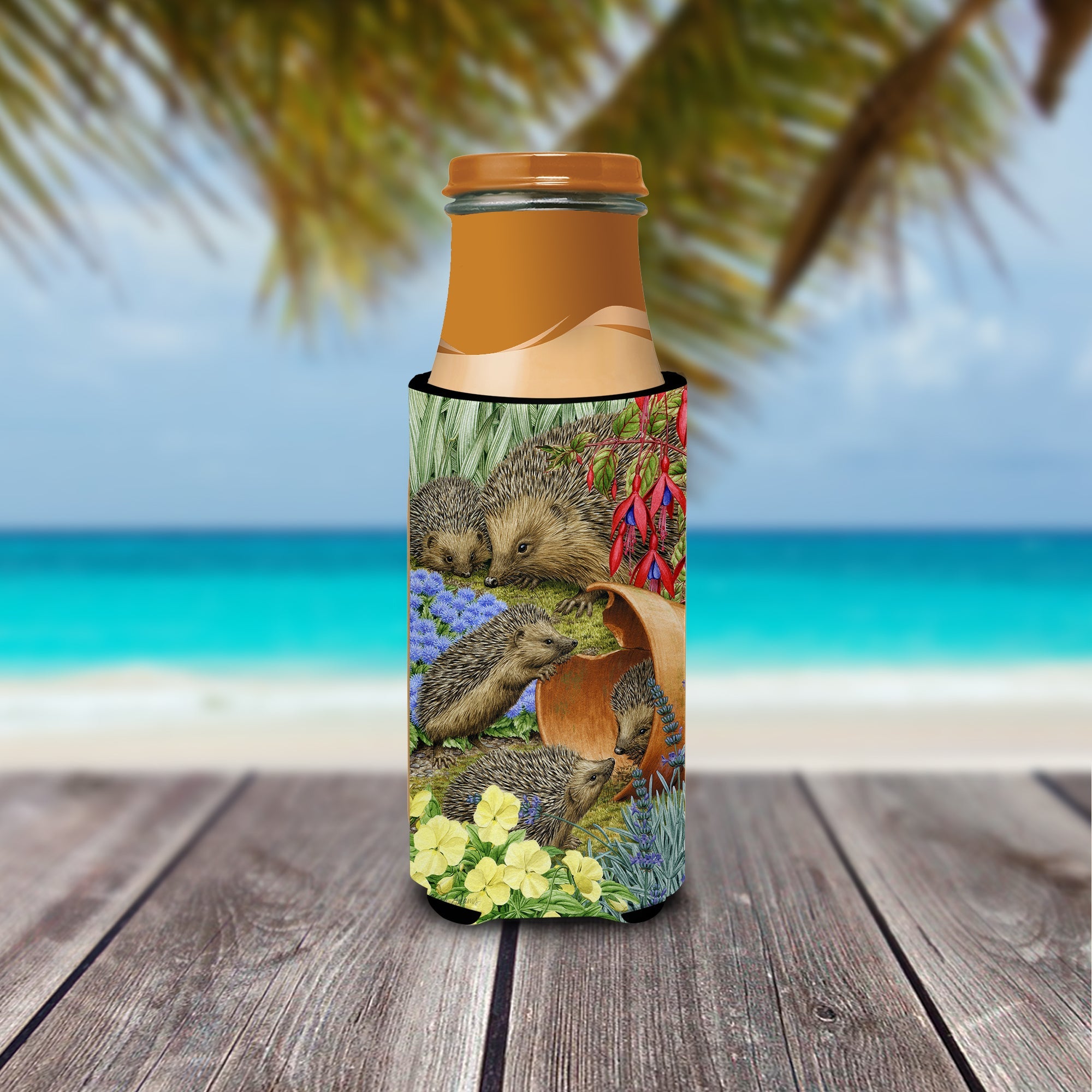 Hedgehogs in the Flower Pot Slim Can Hugger , Insulated Foam Hugger for 12 oz Slim Cans, Beer Bottles & Water Bottles, Printed in USA