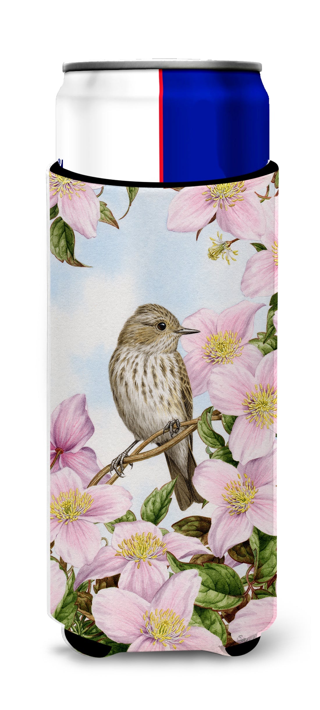 Spotted Flycatcher Slim Can Hugger , Insulated Foam Hugger for 12 oz Slim Cans, Beer Bottles & Water Bottles, Printed in USA