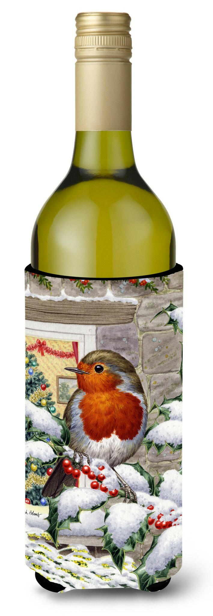 European Robin at the Window Wine Bottle Hugger Gift Sleeve for Standard 750 ml Bottles, Insulated Reusable Also Fits Mini Shot & Pint Bottles