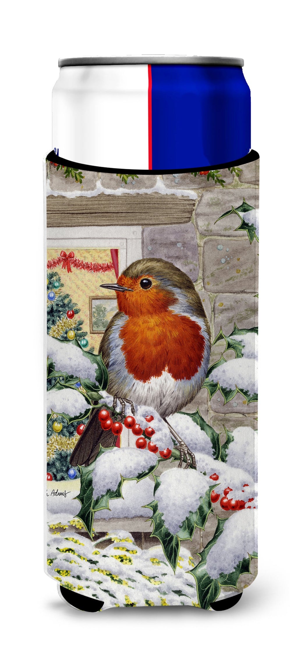 European Robin at the Window Slim Can Hugger , Insulated Foam Hugger for 12 oz Slim Cans, Beer Bottles & Water Bottles, Printed in USA