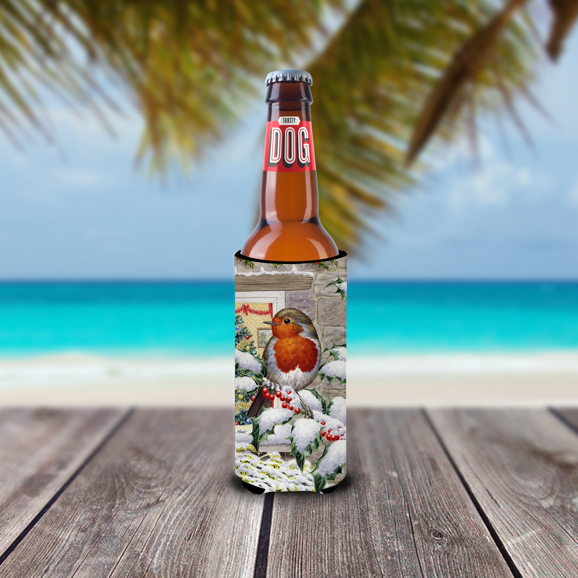 European Robin at the Window Slim Can Hugger , Insulated Foam Hugger for 12 oz Slim Cans, Beer Bottles & Water Bottles, Printed in USA