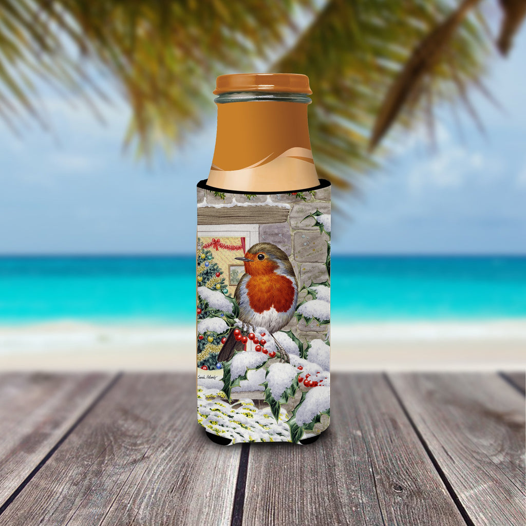 European Robin at the Window Slim Can Hugger , Insulated Foam Hugger for 12 oz Slim Cans, Beer Bottles & Water Bottles, Printed in USA